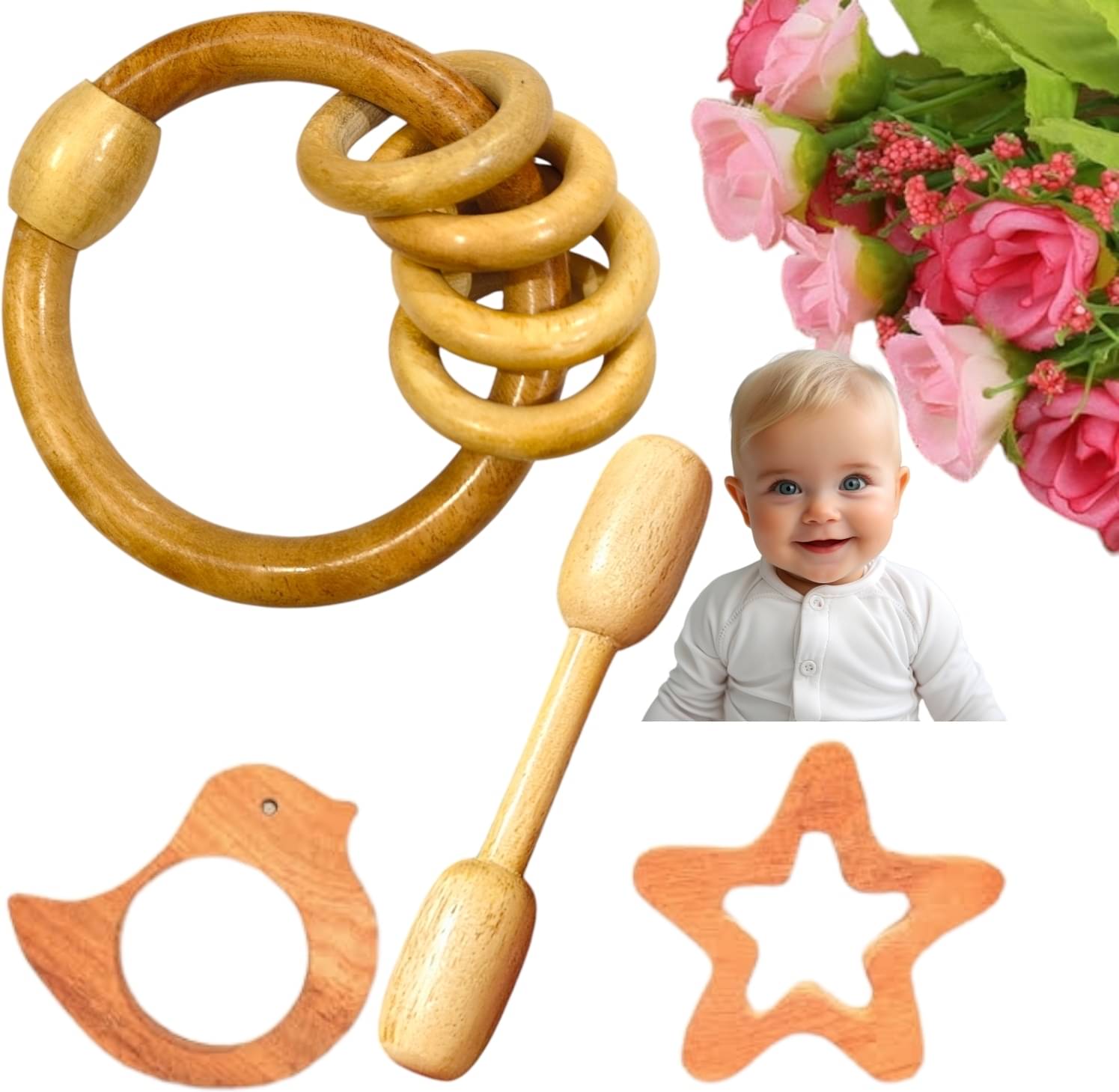 Natural Neem Wood Ring Inside Ring Rattle with 3 other teething toys shape Natural Neem Wood Ring Inside Ring Rattle with 3 other teething toys shape