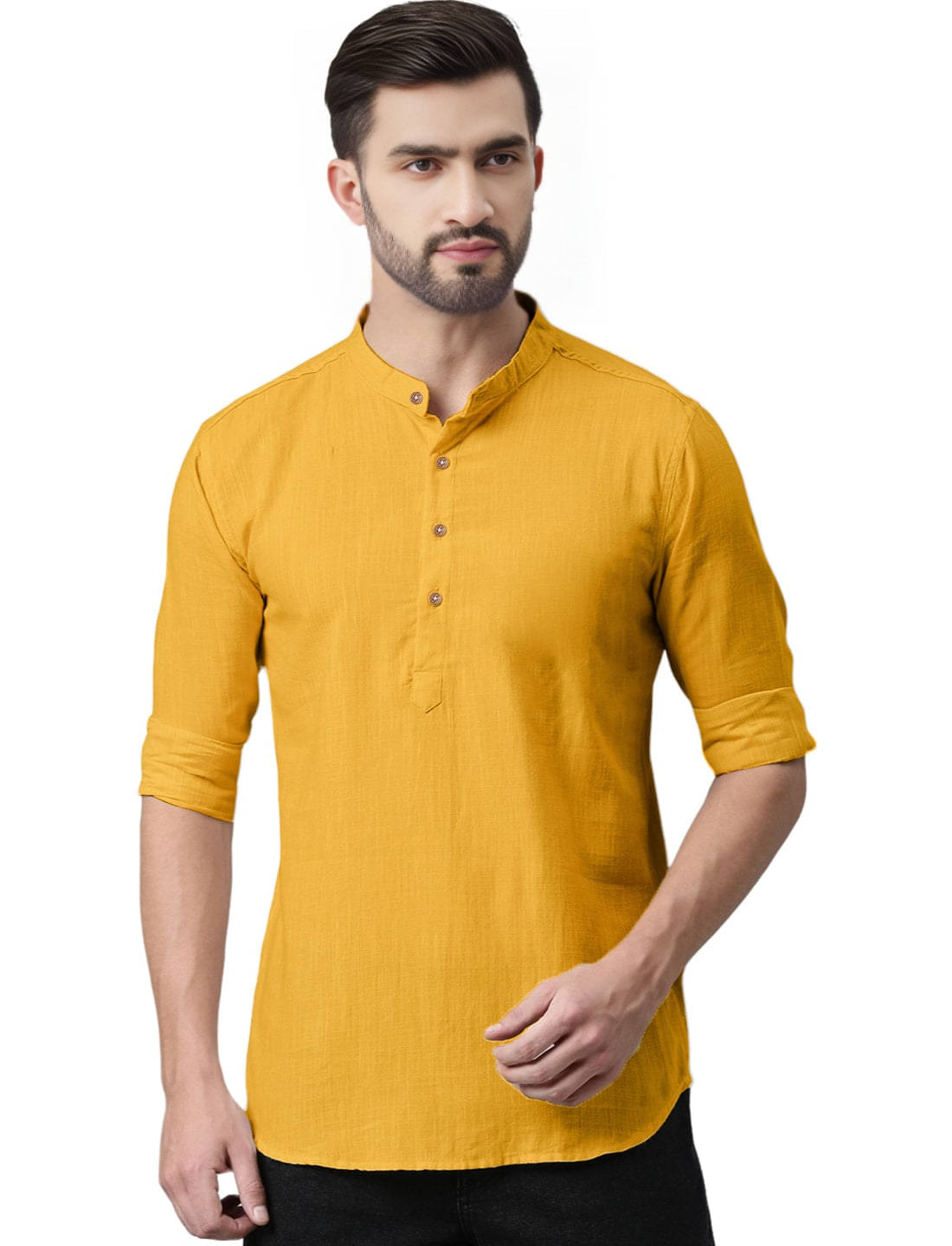 Navkanj Yellow Cotton Blend Men's Shirt Style Kurta ( Pack of 1 )     			Navkanj Yellow Cotton Blend Men's Shirt Style Kurta ( Pack of 1 )