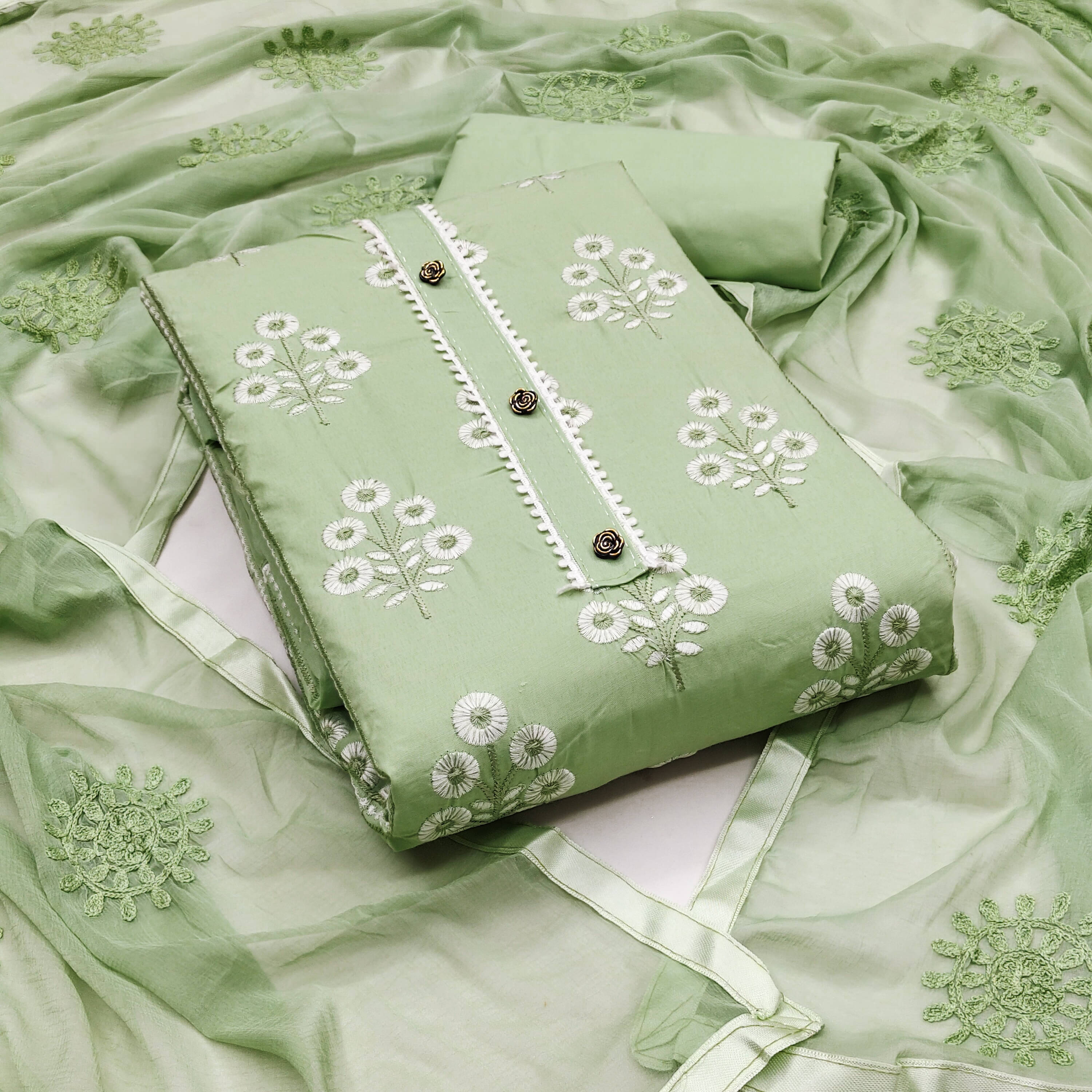 Nayanthara Trends Unstitched Cotton Blend Embroidered Dress Material - Green ( Pack of 1 ) Nayanthara Trends Unstitched Cotton Blend Embroidered Dress Material - Green ( Pack of 1 )