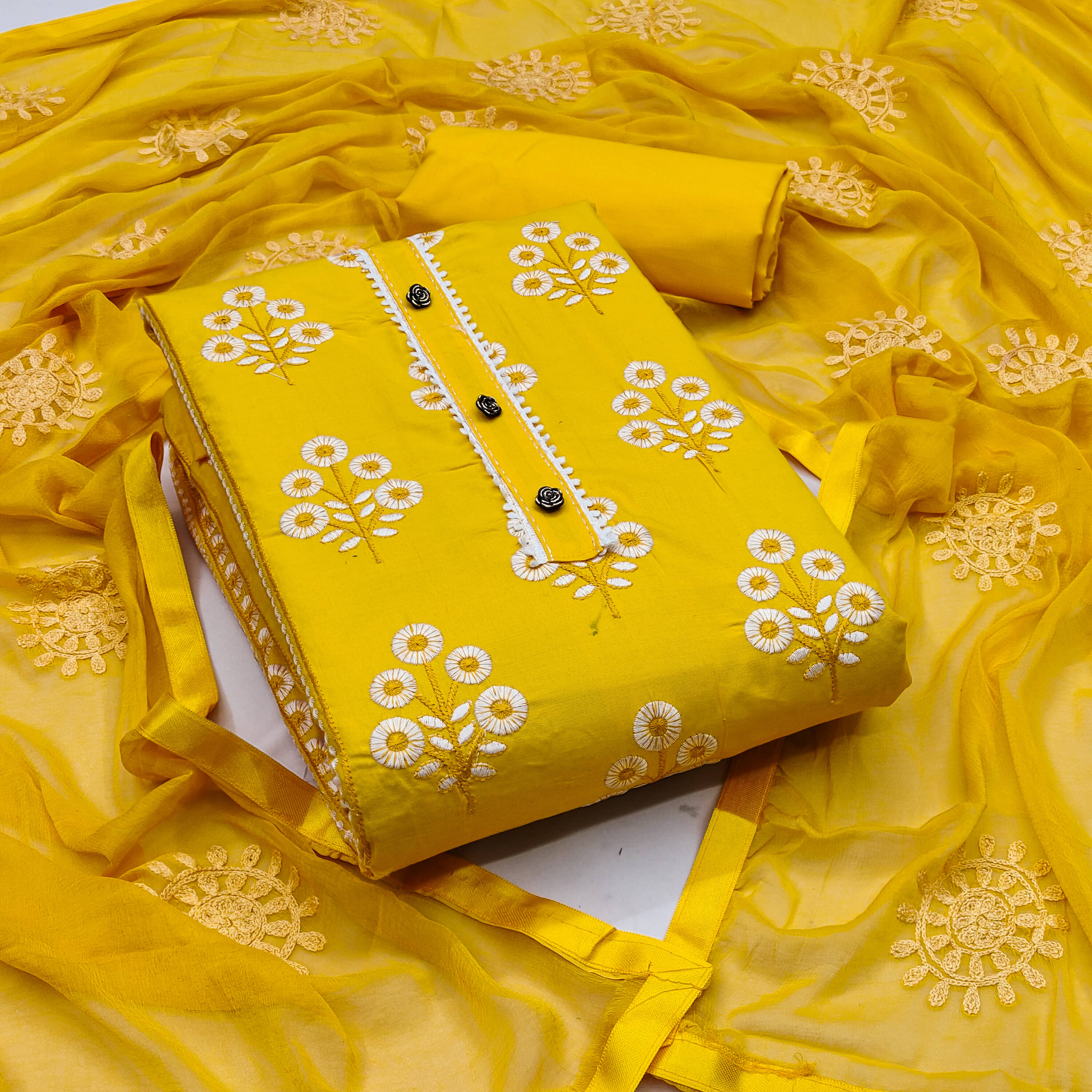 Nayanthara Trends Unstitched Cotton Blend Embroidered Dress Material - Yellow ( Pack of 1 ) Nayanthara Trends Unstitched Cotton Blend Embroidered Dress Material - Yellow ( Pack of 1 )