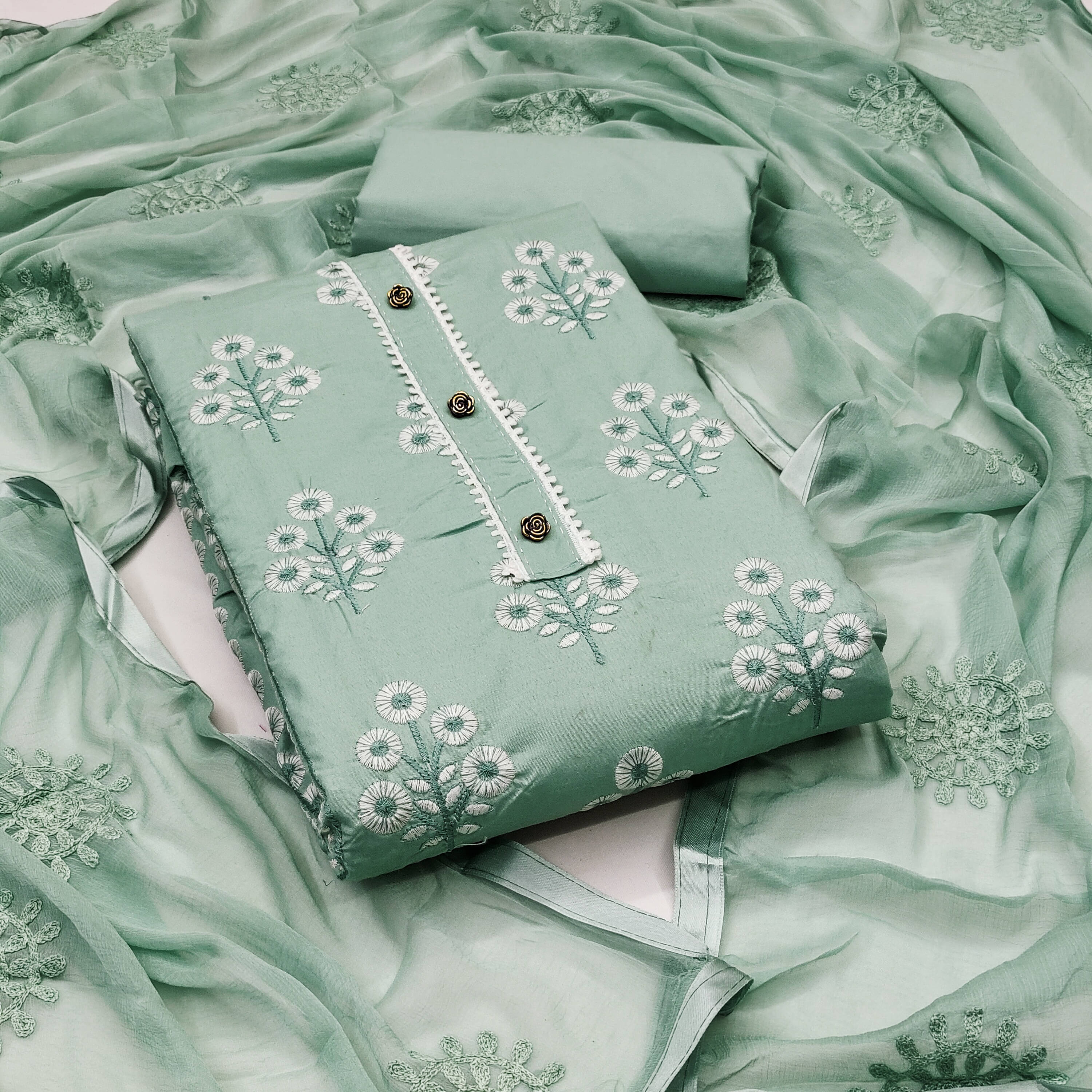 Nayanthara Trends Unstitched Cotton Blend Embroidered Dress Material - Turquoise ( Pack of 1 ) Nayanthara Trends Unstitched Cotton Blend Embroidered Dress Material - Turquoise ( Pack of 1 )