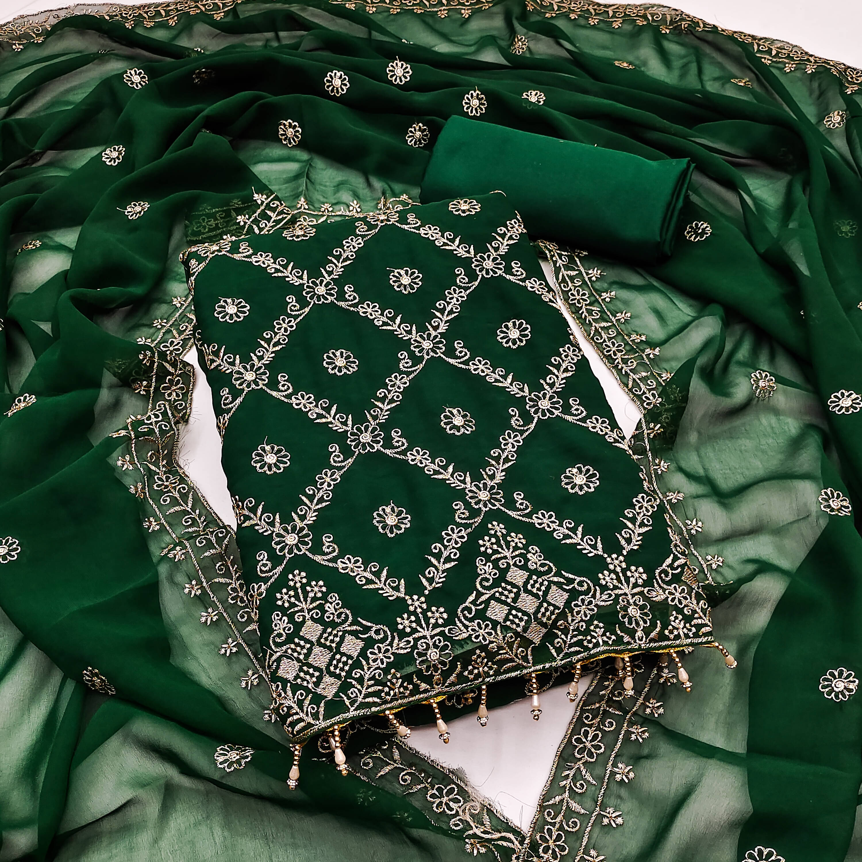 Nayanthara Trends Unstitched Georgette Embellished Dress Material - Green ( Pack of 1 )     			Nayanthara Trends Unstitched Georgette Embellished Dress Material - Green ( Pack of 1 )