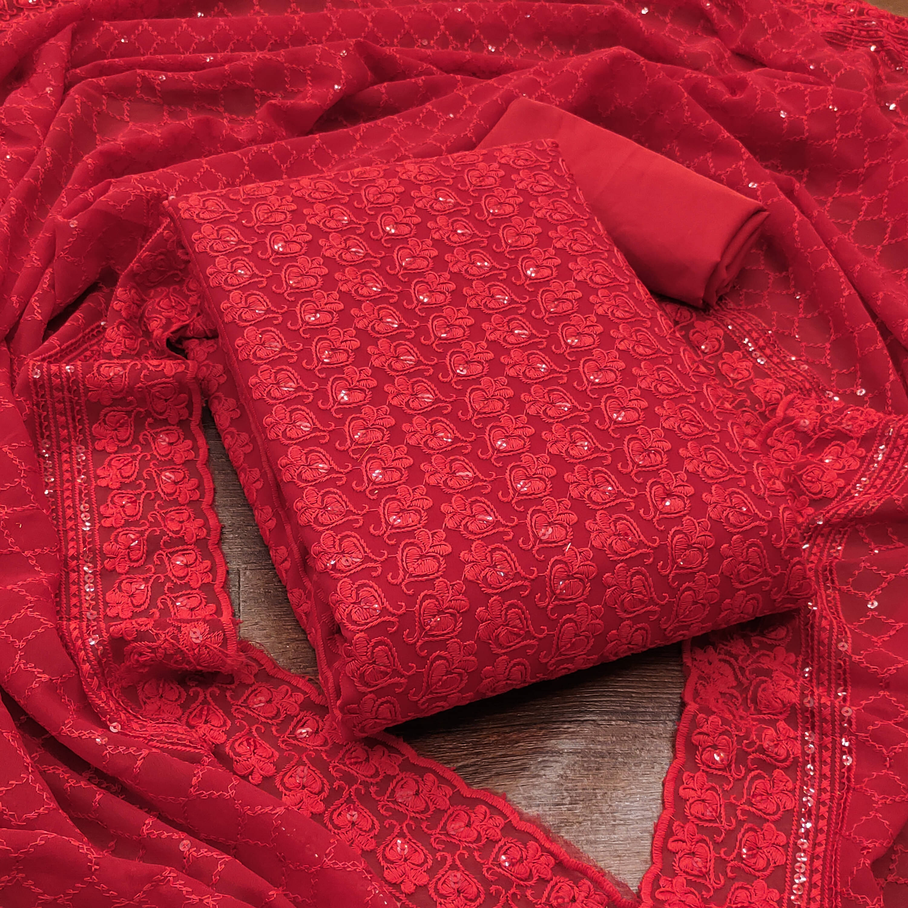     			Nayanthara Trends Unstitched Georgette Embroidered Dress Material - Red ( Pack of 1 )