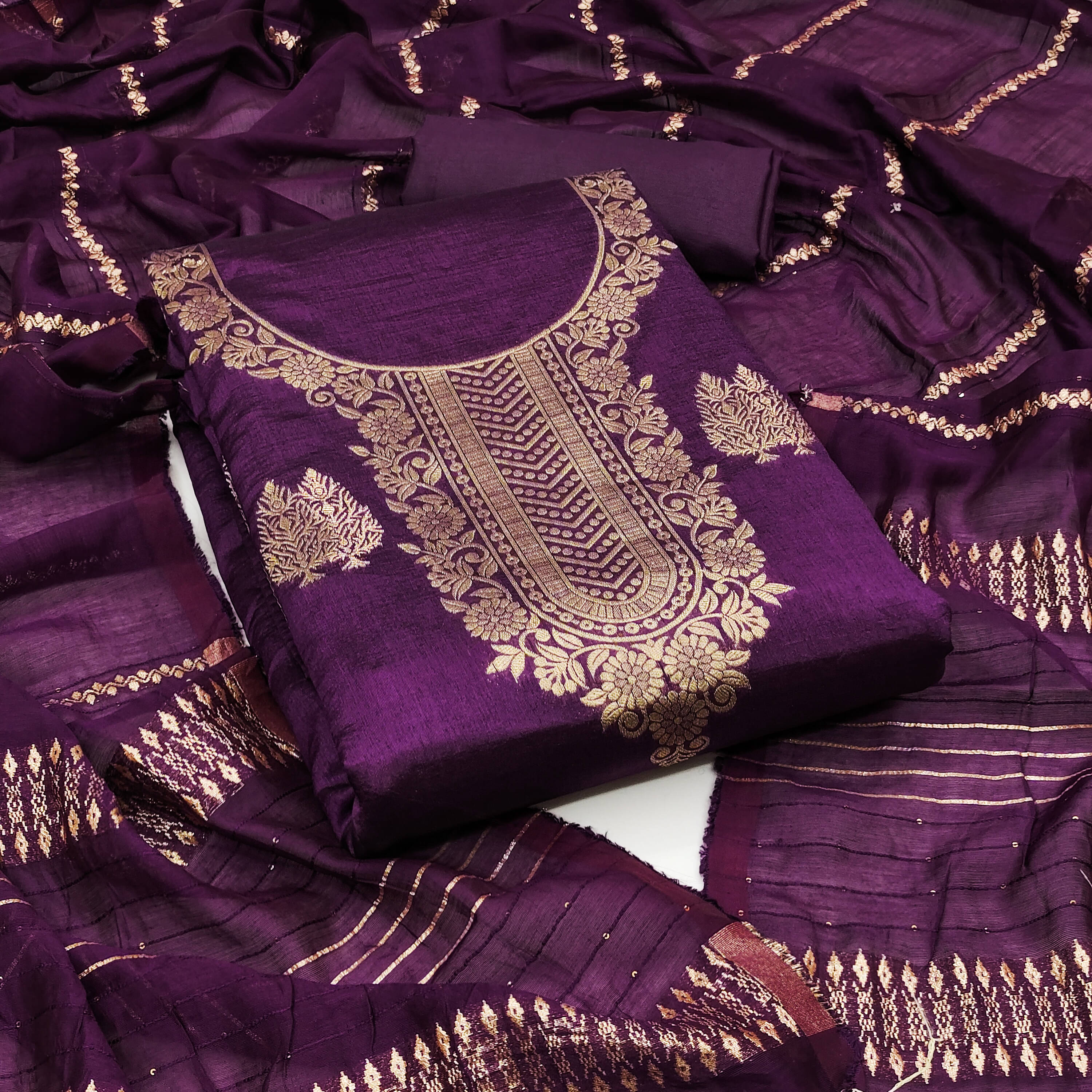 Nayanthara Trends Unstitched Jacquard Embellished Dress Material - Purple ( Pack of 1 ) Nayanthara Trends Unstitched Jacquard Embellished Dress Material - Purple ( Pack of 1 )