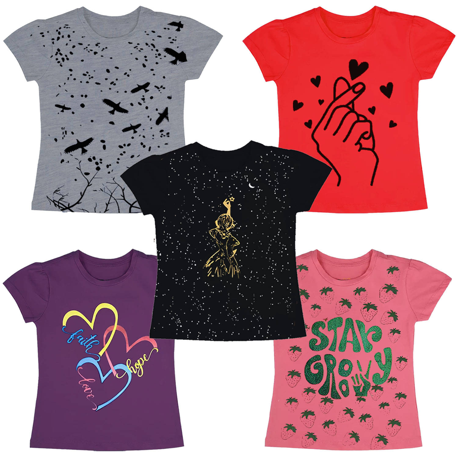     			Neduvel Pack of 5 Girls Cotton T-Shirt ( Multicolor 11 )