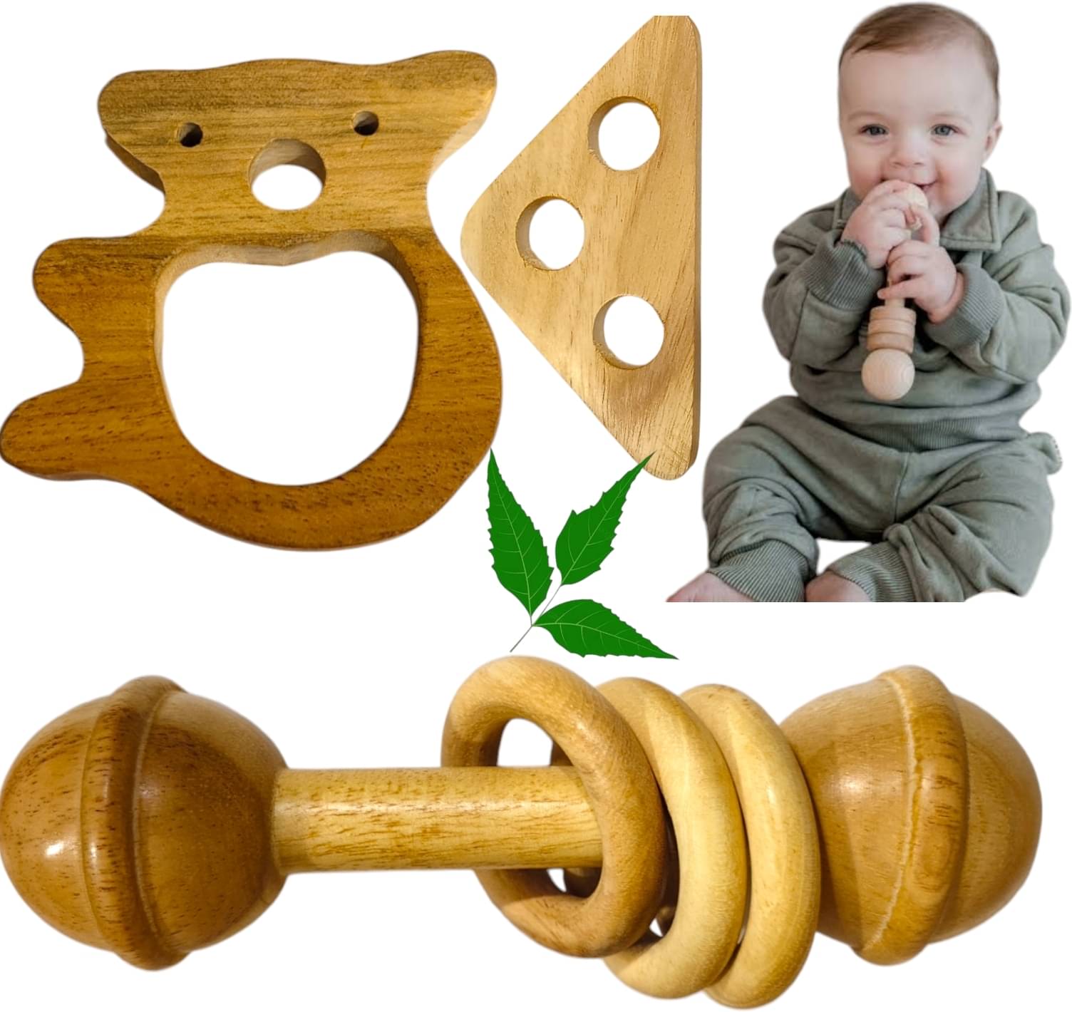 Neem Wood Teether Set & Natural Rattle Duo Neem Wood Teether Set & Natural Rattle Duo