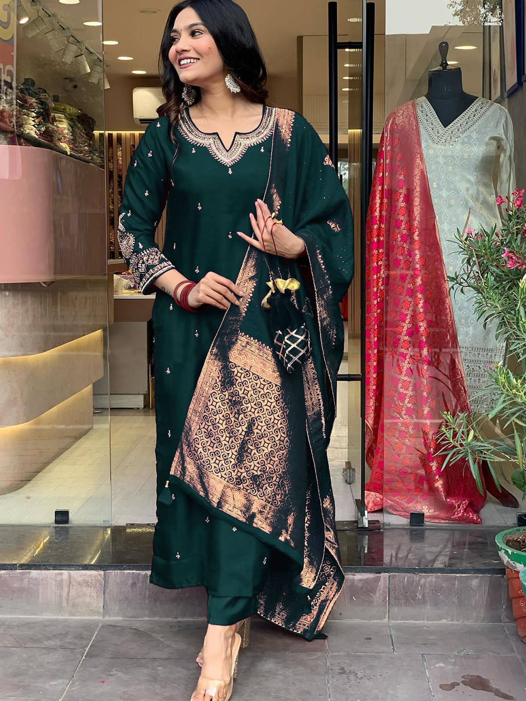     			Niza Fashion Silk Embroidered Kurti With Pants Women's Stitched Salwar Suit - Turquoise ( Pack of 1 )