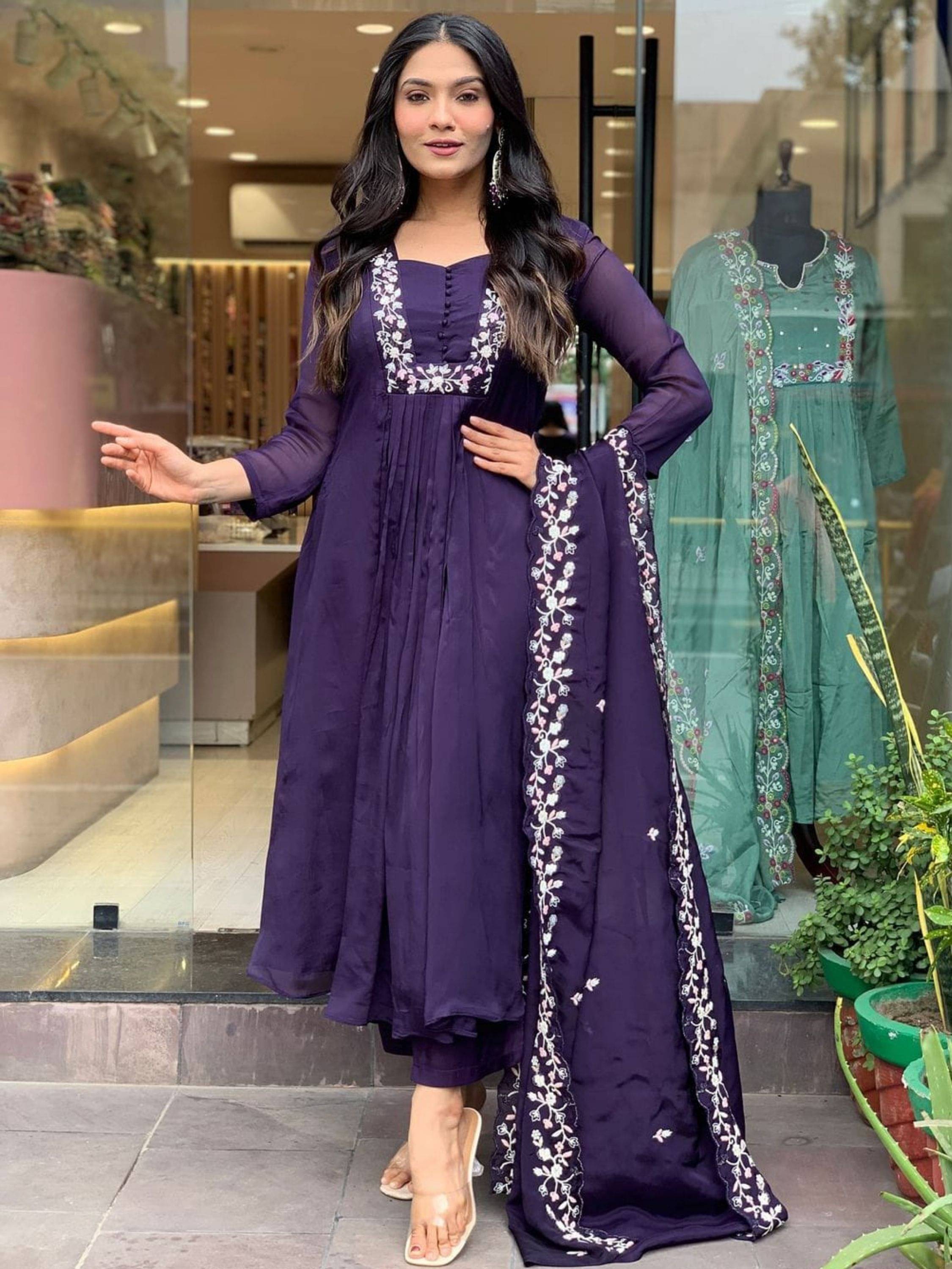 Niza Fashion Viscose Embroidered Kurti With Pants Women's Stitched Salwar Suit - Purple ( Pack of 1 )     			Niza Fashion Viscose Embroidered Kurti With Pants Women's Stitched Salwar Suit - Purple ( Pack of 1 )