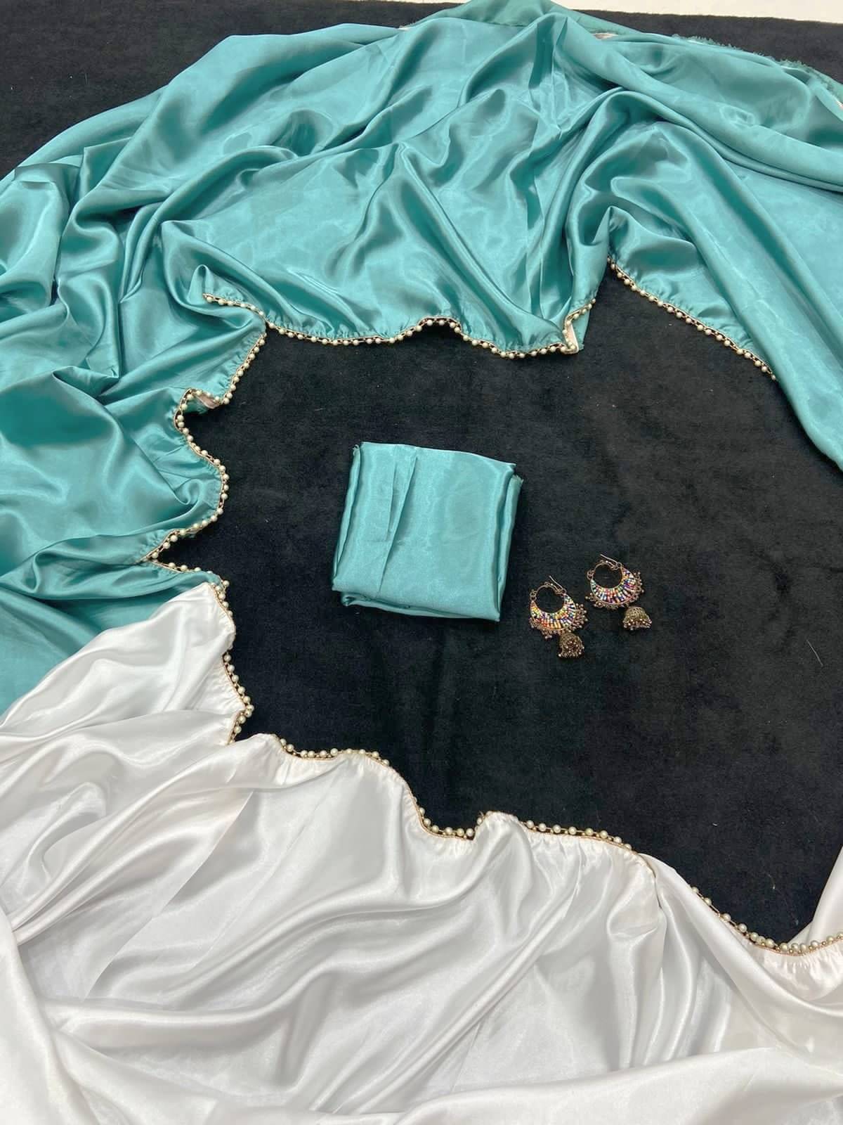 Samai Satin Colorblock Saree With Unstitched Blouse Piece ( Blue ) Samai Satin Colorblock Saree With Unstitched Blouse Piece ( Blue )