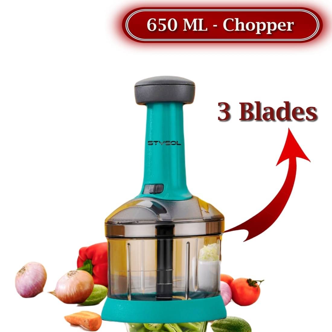     			Stysol Push Chopper Green Plastic Mannual Chopper 650 ml ( Pack of 1 )