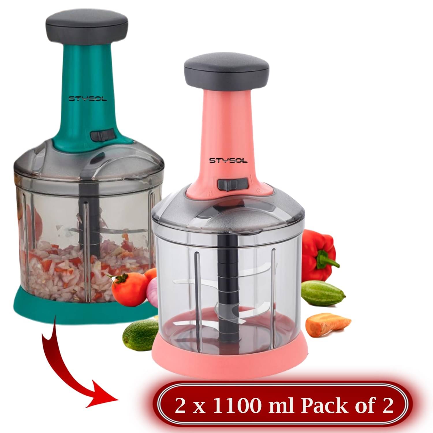 Stysol Push Chopper Green Plastic Mannual Chopper 1100 ml ( Pack of 2 ) Stysol Push Chopper Green Plastic Mannual Chopper 1100 ml ( Pack of 2 )