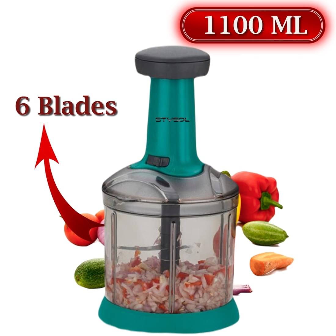     			Stysol Push Chopper Green Plastic Mannual Chopper 1100 ml ( Pack of 1 )