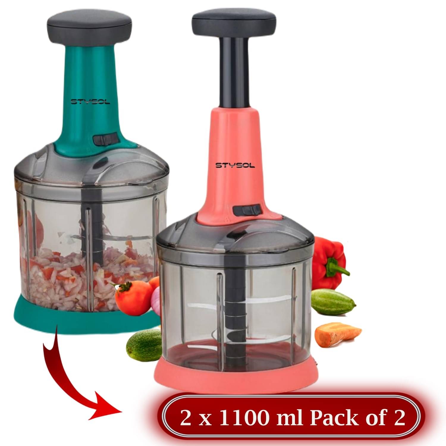     			Stysol Push Chopper Green Plastic Mannual Chopper 1100 ml ( Pack of 2 )
