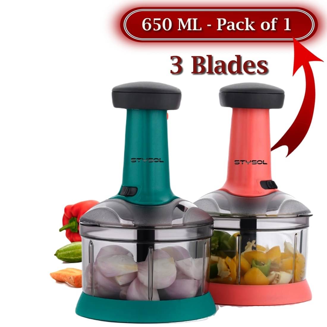     			Stysol Push Chopper Green Plastic Mannual Chopper 650 ml ( Pack of 1 )