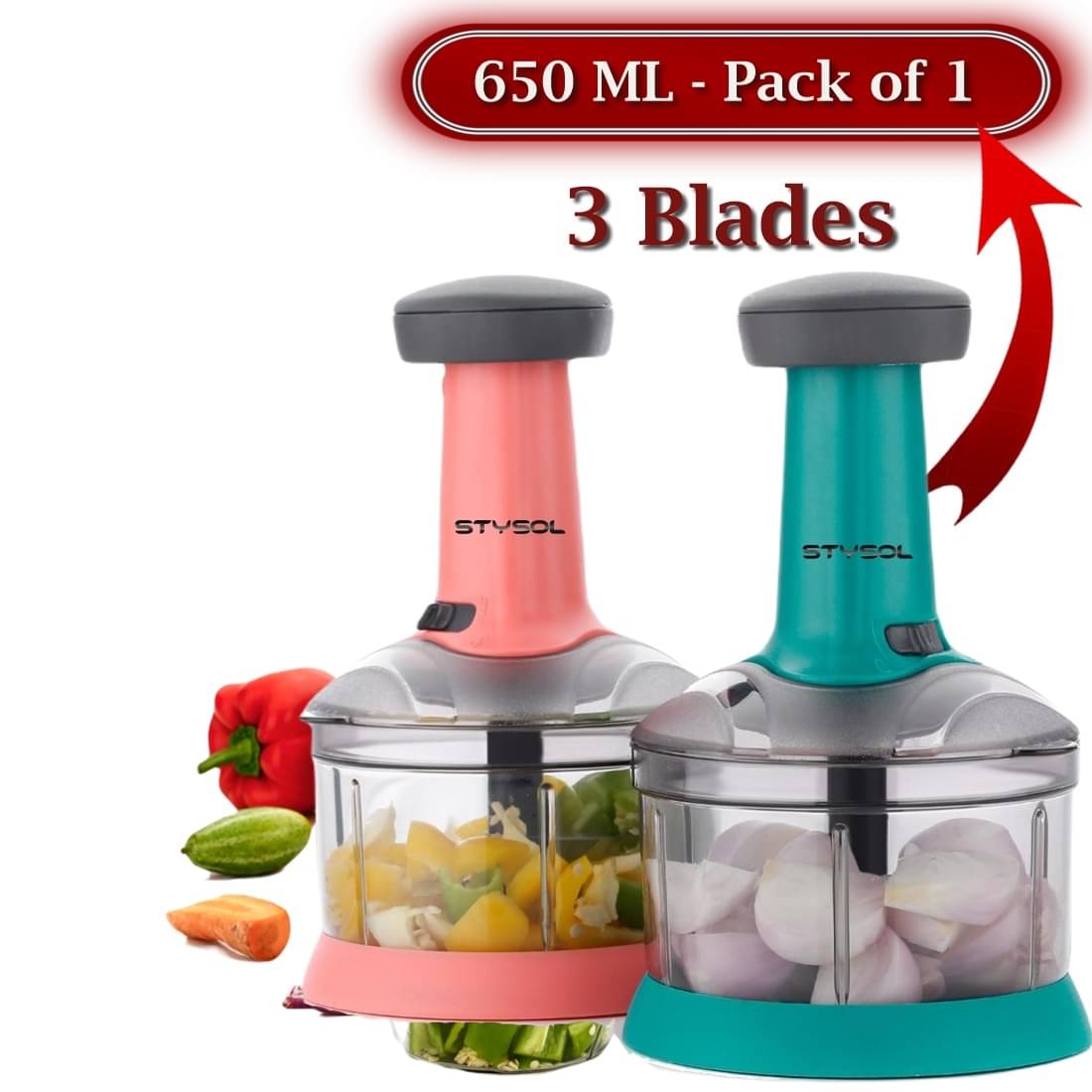     			Stysol Push Chopper Green Plastic Mannual Chopper 650 ml ( Pack of 1 )