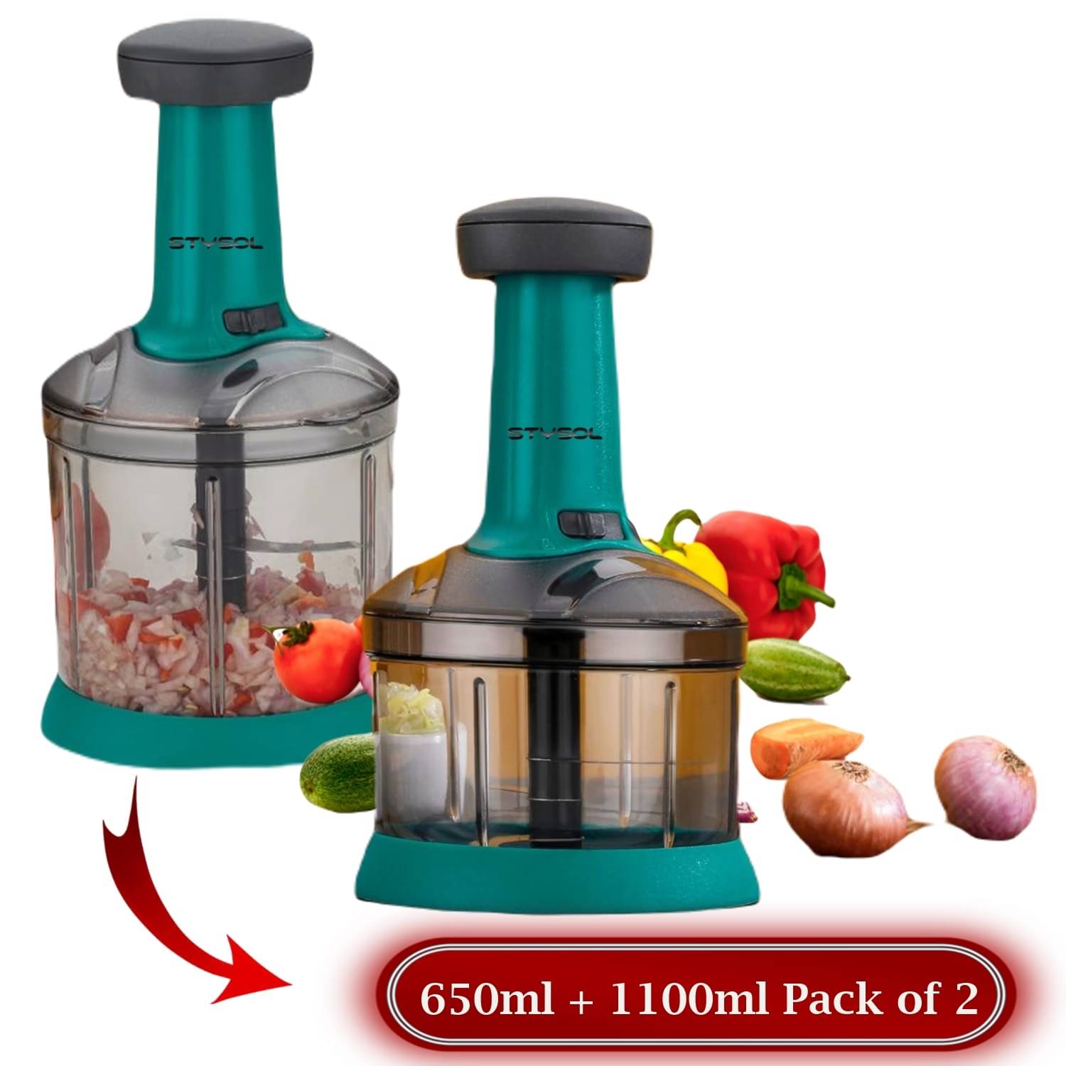     			Stysol Push Chopper Green Plastic Mannual Chopper 1100 ml ( Pack of 2 )