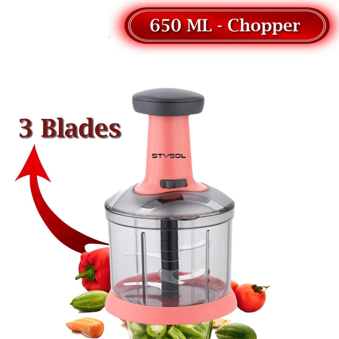     			Stysol Push Chopper Pink Plastic Mannual Chopper 650 ml ( Pack of 1 )