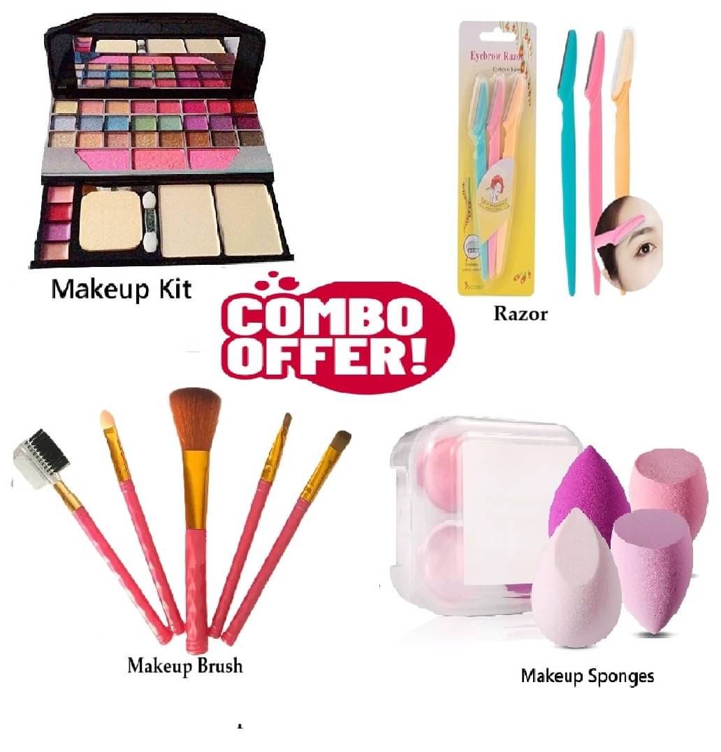     			Trendy Full Makeup Combo of 4 (Makeup Kit, 5 Dark Pink Makeup Brush, Tinkle Razor 3, 4 Spong Box) for Women / Girls