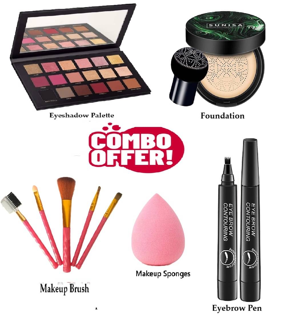     			Trendy Full Makeup Combo of 5 (18 Color Eyeshadow Palette, 5 Dark Pink Makeup Brush, Eyebrow Contouring Pen, Sunisa Foundation,1 Egg Design Spong) for Women/Men