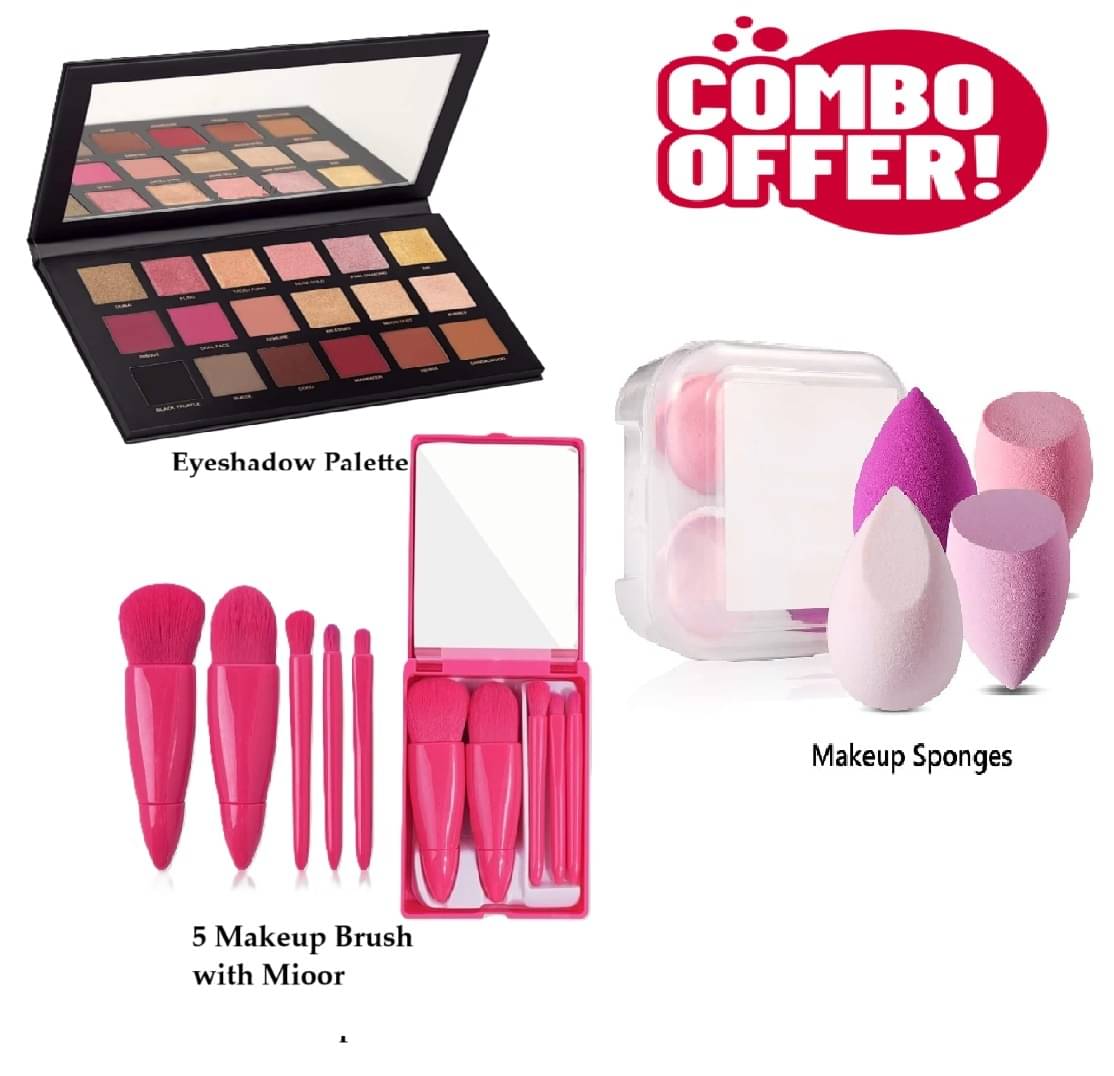 Trendy Full Makeup Combo of 3 (18 Color Eyeshadow Palette, 5 Pink Brush with Mirror, 4 Spong Box) for Women/Girls Trendy Full Makeup Combo of 3 (18 Color Eyeshadow Palette, 5 Pink Brush with Mirror, 4 Spong Box) for Women/Girls