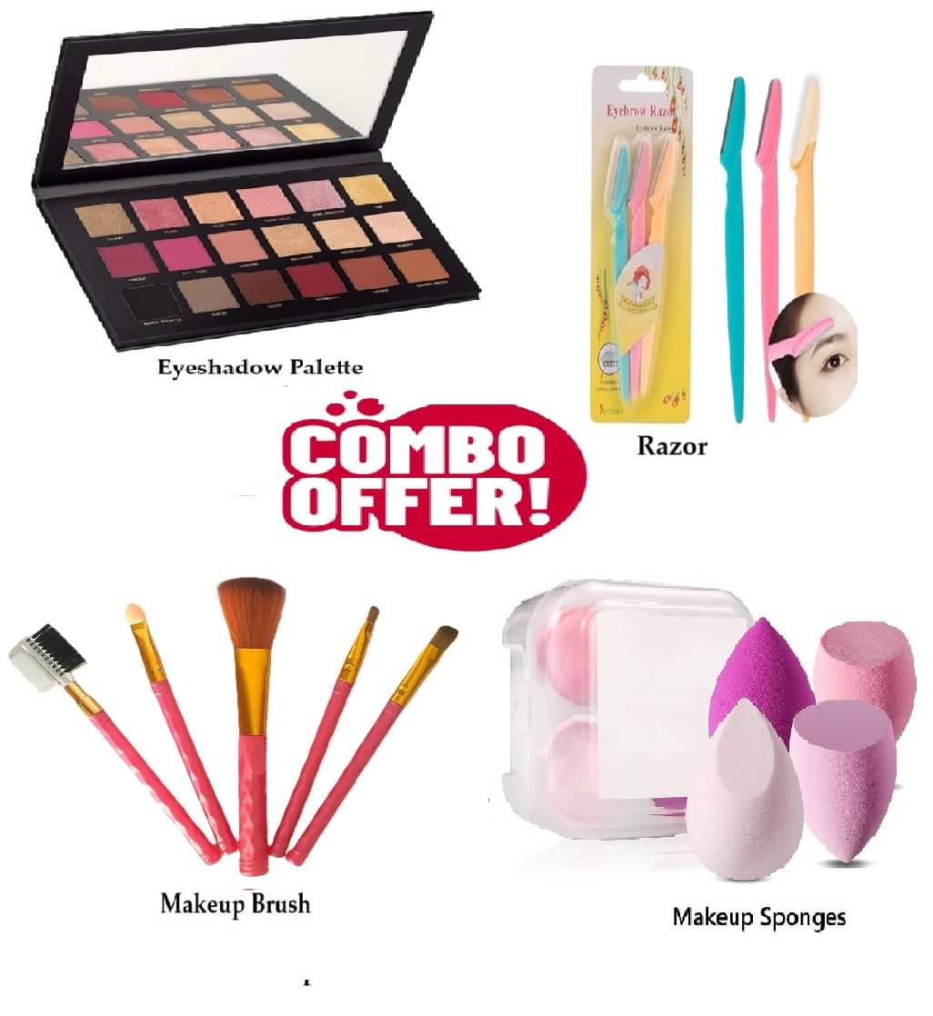     			Trendy Full Makeup Combo of 4 (18 Color Eyeshadow,5 Dark Pinnk Makeup Brush, Tinkle Razor 3, 4spong Box) for Women/Girls