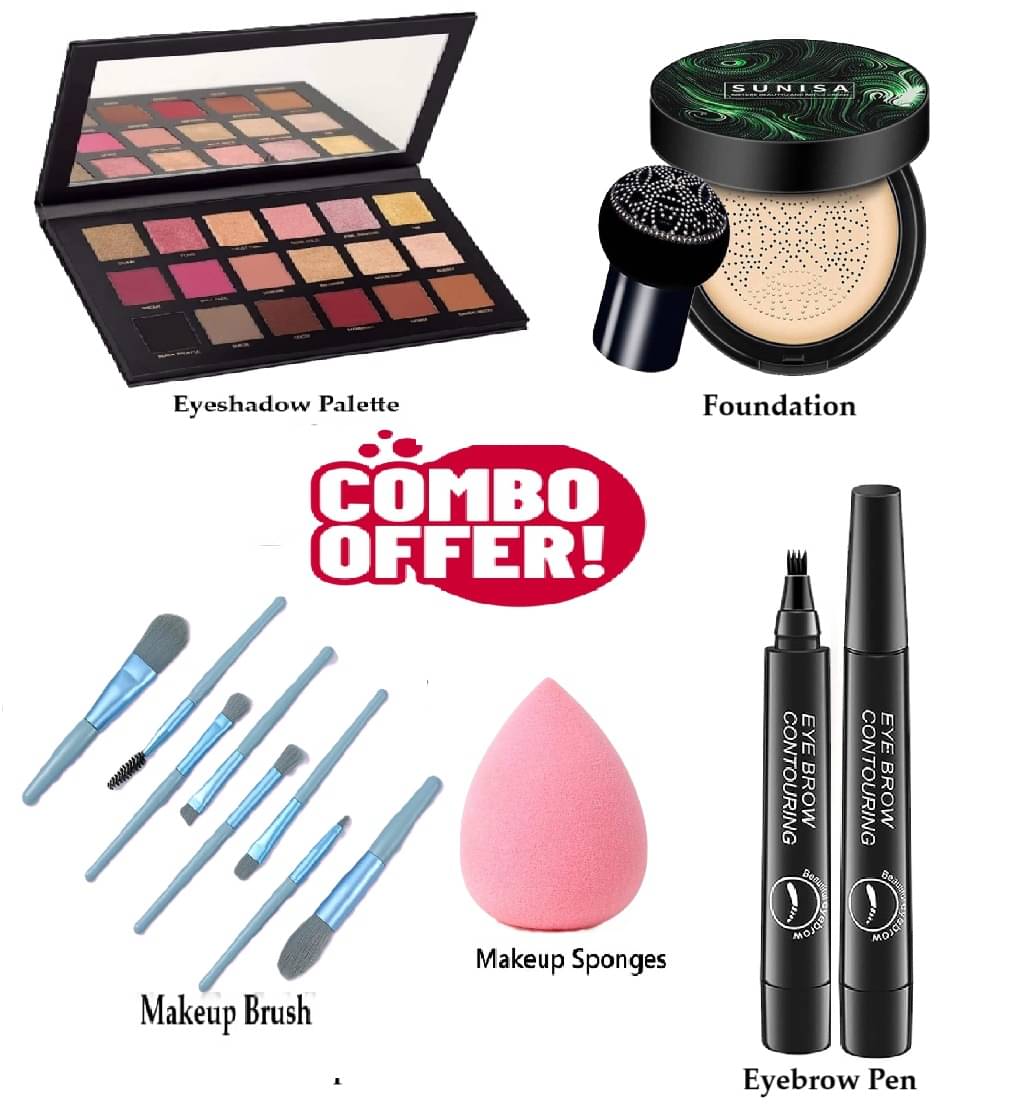     			Trendy Full Makeup Combo of 5 (18 Color Eyeshadow Palette, 8 Blue Makeup Brush, Eyebrow Contouring Pen, Sunisa Foundation,1 Egg Design Spong) for Women/Girls