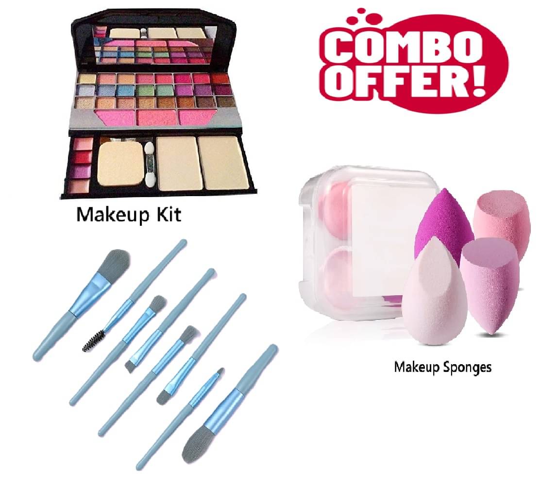     			Trendy Full Makeup Combo of 3 Makeup Kit ,8 Blue Makeup Brush, 4 Spong Box for Women/Girls