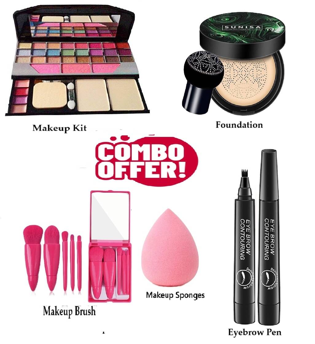    			Trendy Full Makeup Combo of 5 (Makeup Kit, 5 Makeup Brush with Mirror, Eyebrow Contouring Pen, Sunisa Foundation,1 Egg Design Spong) for Women/Girls