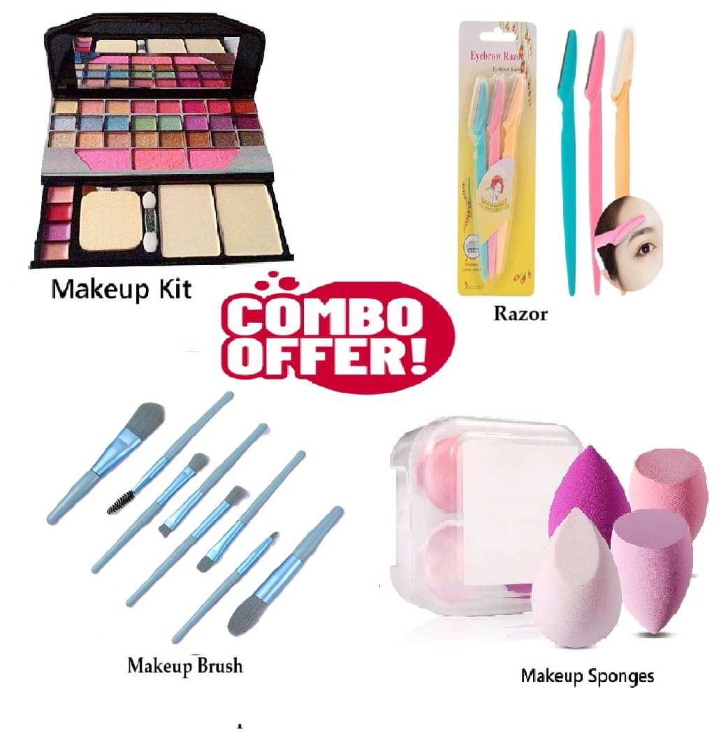     			Trendy Full Makeup Combo of 4 (Makeup Kit , 8 Blue Makeup Brush,Tinkle Razor 3, 4 spong Box) For Women/Girls