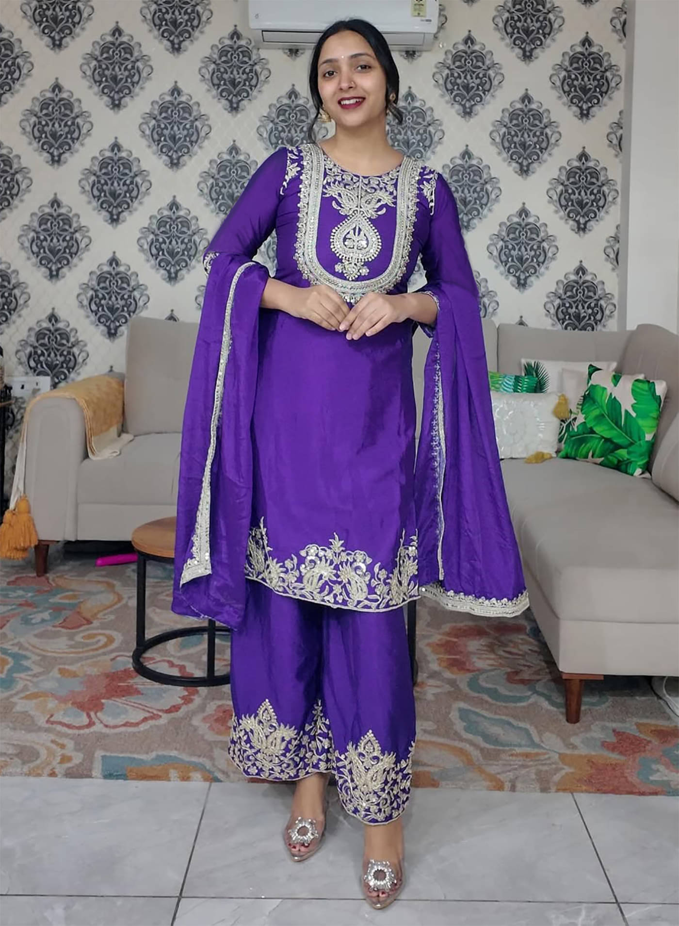 Trijal Fab Chiffon Embroidered Kurti With Palazzo Women's Stitched Salwar Suit - Violet ( Pack of 1 )     			Trijal Fab Chiffon Embroidered Kurti With Palazzo Women's Stitched Salwar Suit - Violet ( Pack of 1 )