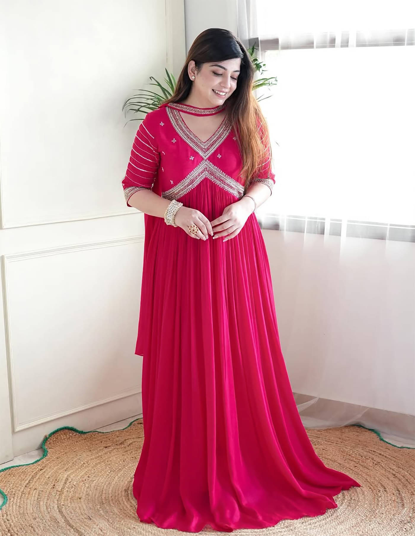 Trijal Fab Pink Anarkali Georgette Women's Stitched Ethnic Gown ( Pack of 1 )     			Trijal Fab Pink Anarkali Georgette Women's Stitched Ethnic Gown ( Pack of 1 )