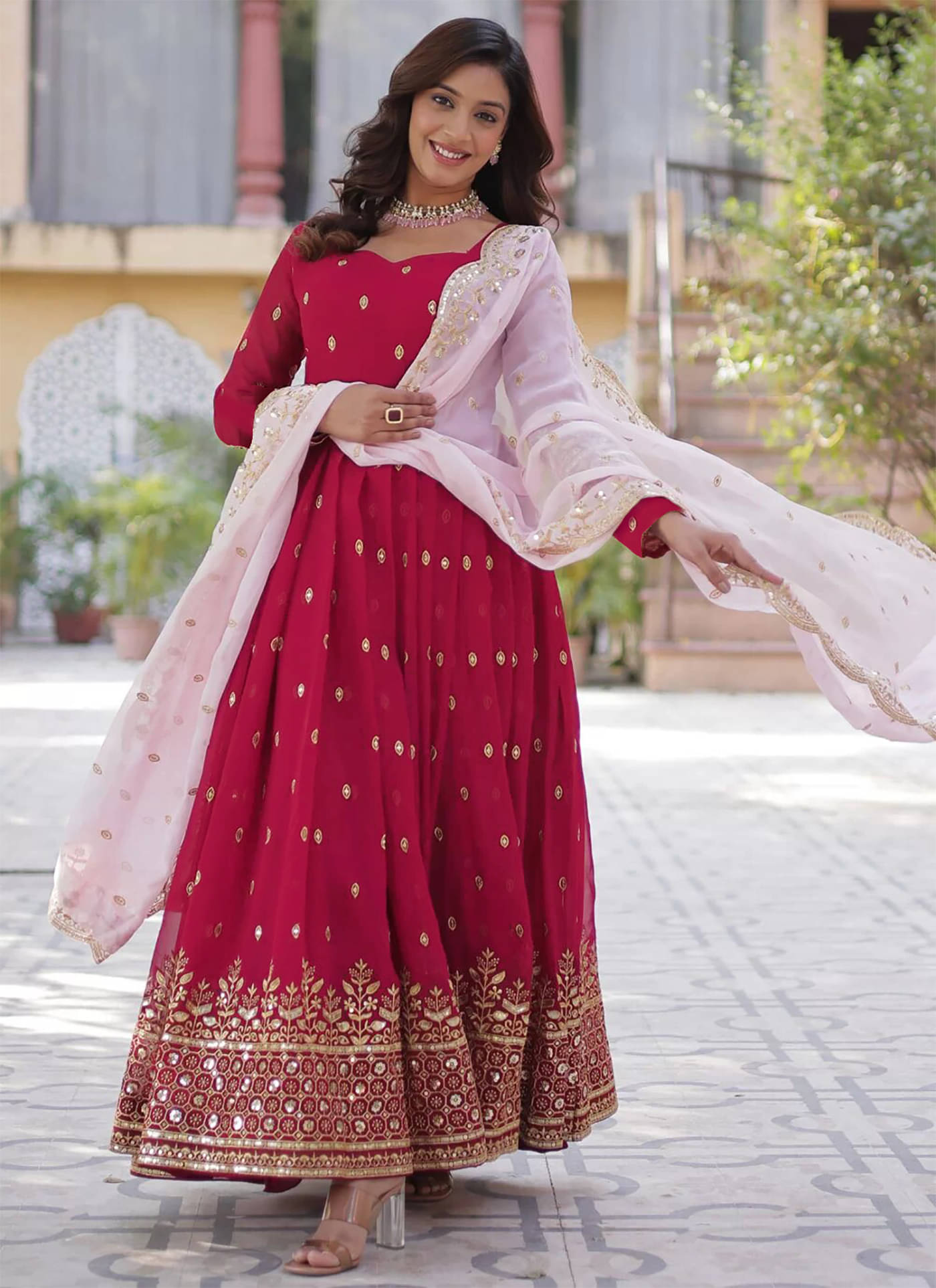     			Trijal Fab Pink Anarkali Georgette Women's Stitched Ethnic Gown ( Pack of 1 )