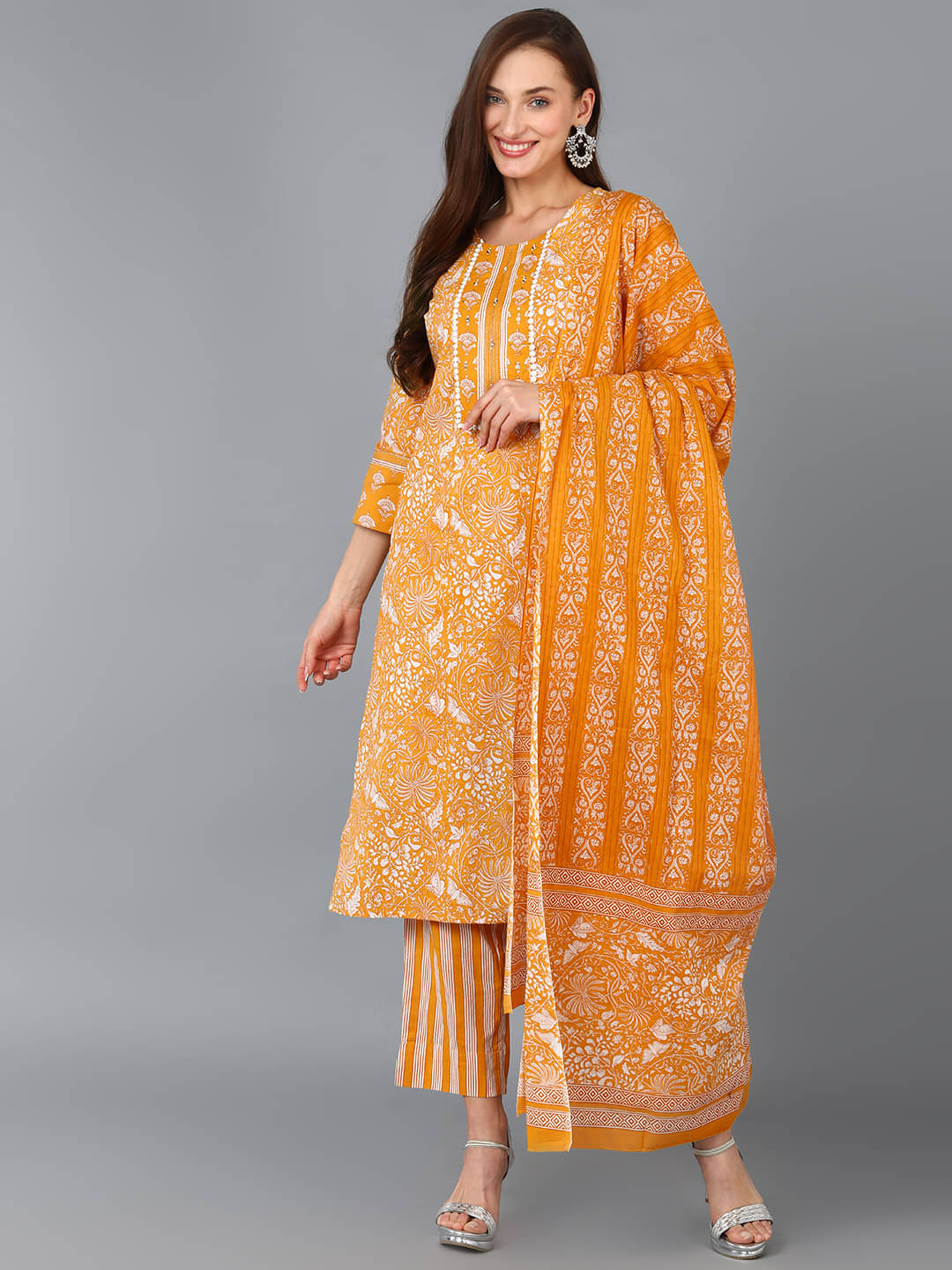     			Vaamsi Cotton Printed Kurti With Pants Women's Stitched Salwar Suit - Mustard ( Pack of 1 )