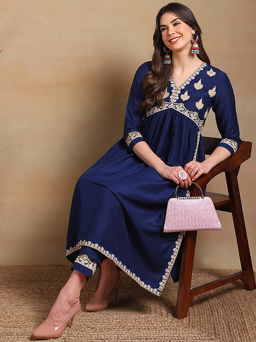    			Vaamsi Silk Blend Embroidered Kurti With Pants Women's Stitched Salwar Suit - Navy Blue ( Pack of 1 )