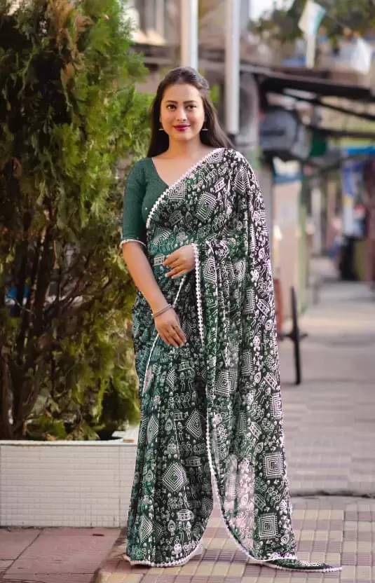     			Vkaran Georgette Printed Saree With Unstitched Blouse Piece ( Green )