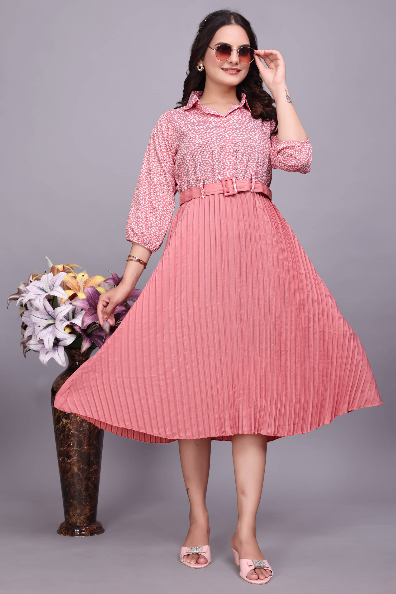 ZELZIS Women Crepe Printed Fit & Flare Dress ( Pink ) ZELZIS Women Crepe Printed Fit & Flare Dress ( Pink )