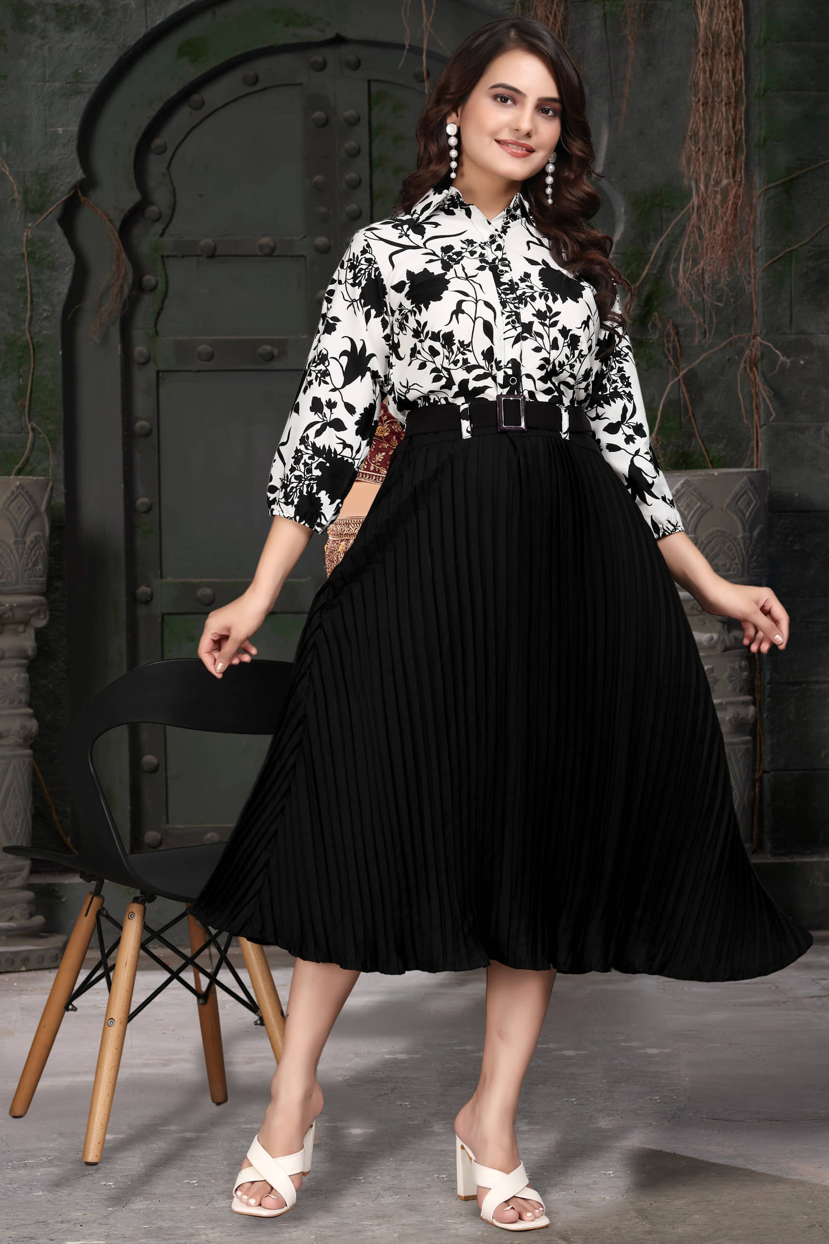 ZELZIS Women Crepe Printed Fit & Flare Dress ( Black )