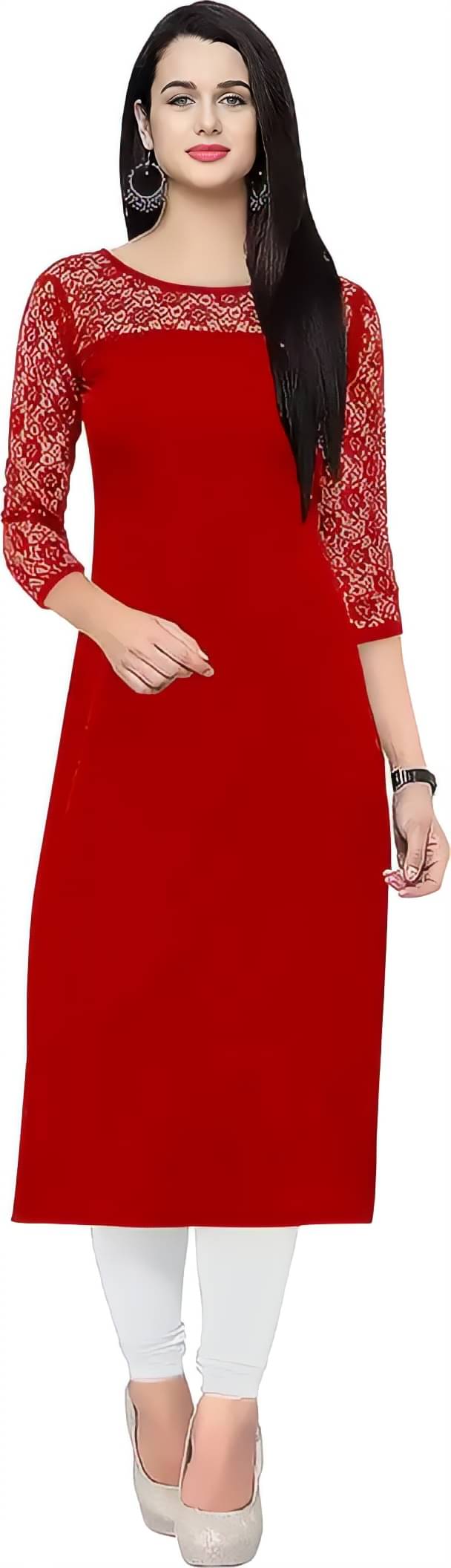 ZELZIS Pack of 1 Crepe Self Design Straight Women's Kurti - ( Red ) ZELZIS Pack of 1 Crepe Self Design Straight Women's Kurti - ( Red )