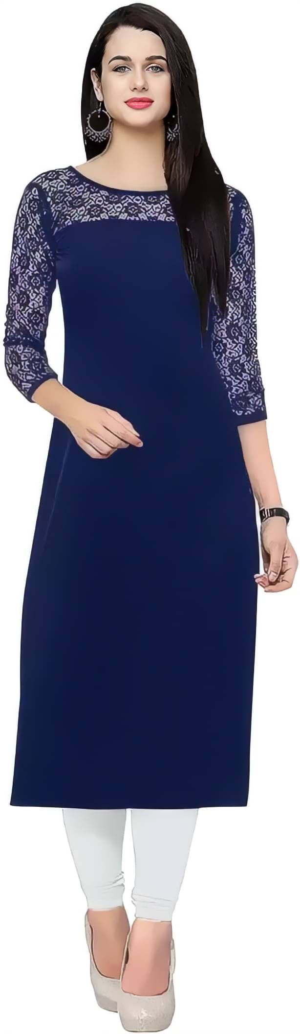 ZELZIS Pack of 1 Crepe Self Design Straight Women's Kurti - ( Blue ) ZELZIS Pack of 1 Crepe Self Design Straight Women's Kurti - ( Blue )