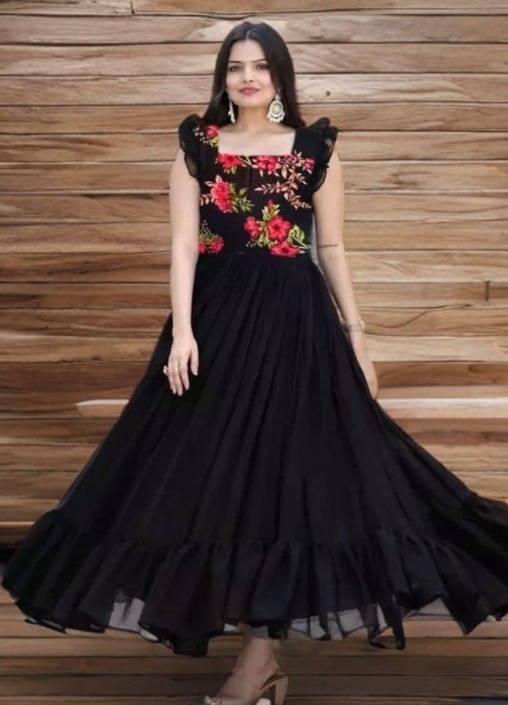 aplix Black Flared Georgette Women's Stitched Ethnic Gown ( Pack of 1 ) - Unstitched Fabrics | Buy online on ZillyBuy