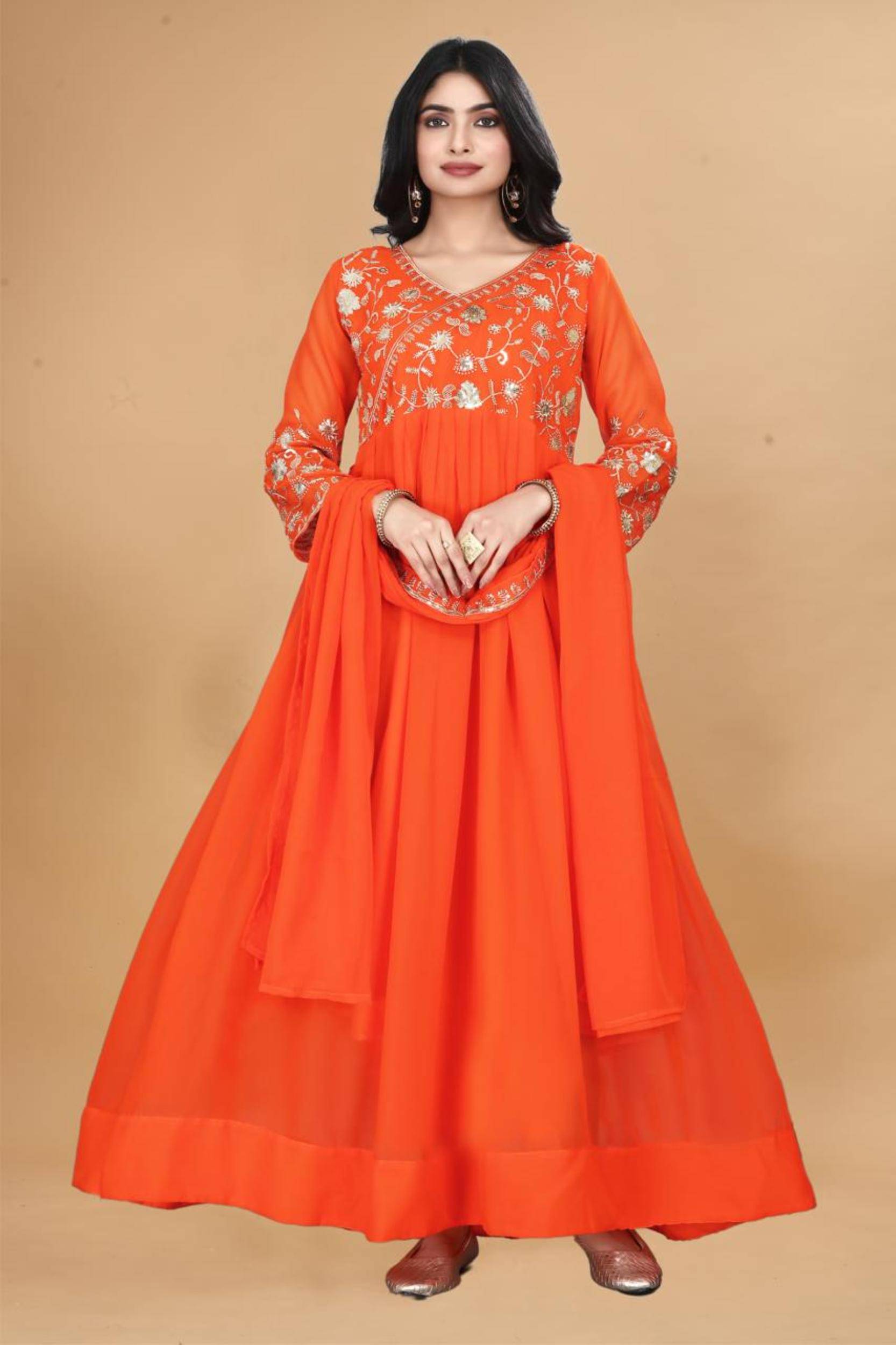 aplix Orange Flared Georgette Women's Stitched Ethnic Gown ( Pack of 1 ) aplix Orange Flared Georgette Women's Stitched Ethnic Gown ( Pack of 1 )