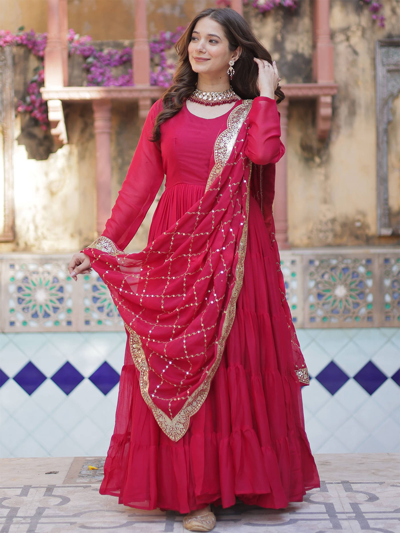 kedar fab Pink Anarkali Georgette Women's Stitched Ethnic Gown ( Pack of 1 ) kedar fab Pink Anarkali Georgette Women's Stitched Ethnic Gown ( Pack of 1 )