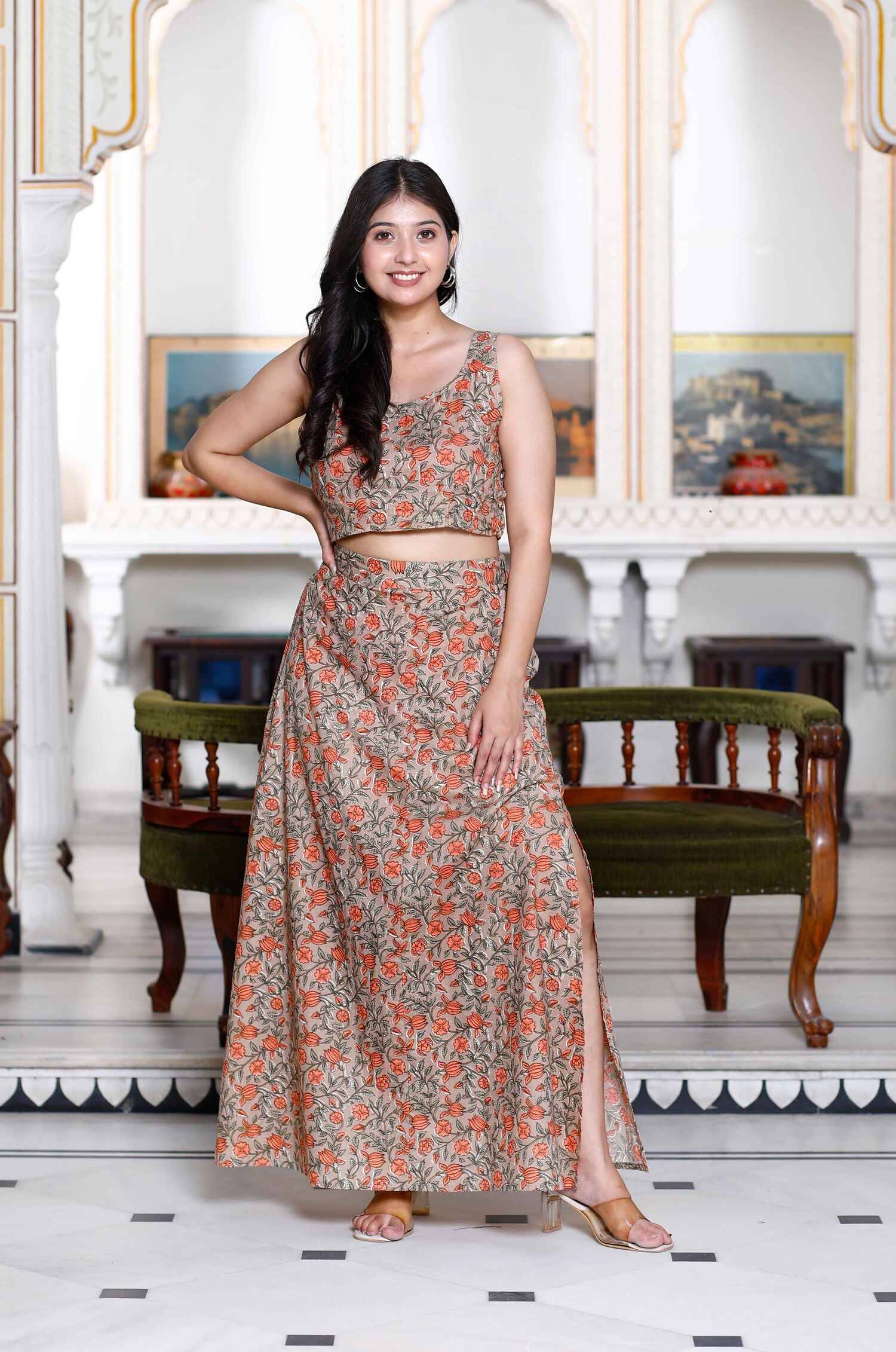     			Angiya Women Printed Top With Skirt Co-Ord Set ( Brown )