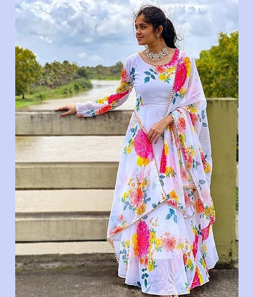 BHAGVATI ENTERPRISEBHAGVATI ENTERPRISE White Anarkali Crepe Women's Stitched Ethnic Gown ( Pack of 1 ) - Unstitched Fabrics | Buy online on ZillyBuy