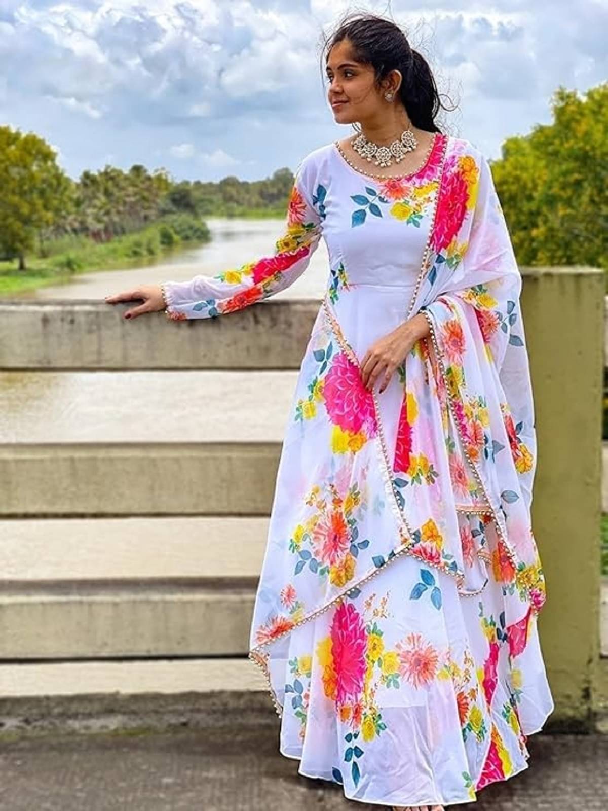 BHAGVATI ENTERPRISEBHAGVATI ENTERPRISE White Anarkali Crepe Women's Stitched Ethnic Gown ( Pack of 1 ) BHAGVATI ENTERPRISEBHAGVATI ENTERPRISE White Anarkali Crepe Women's Stitched Ethnic Gown ( Pack of 1 )