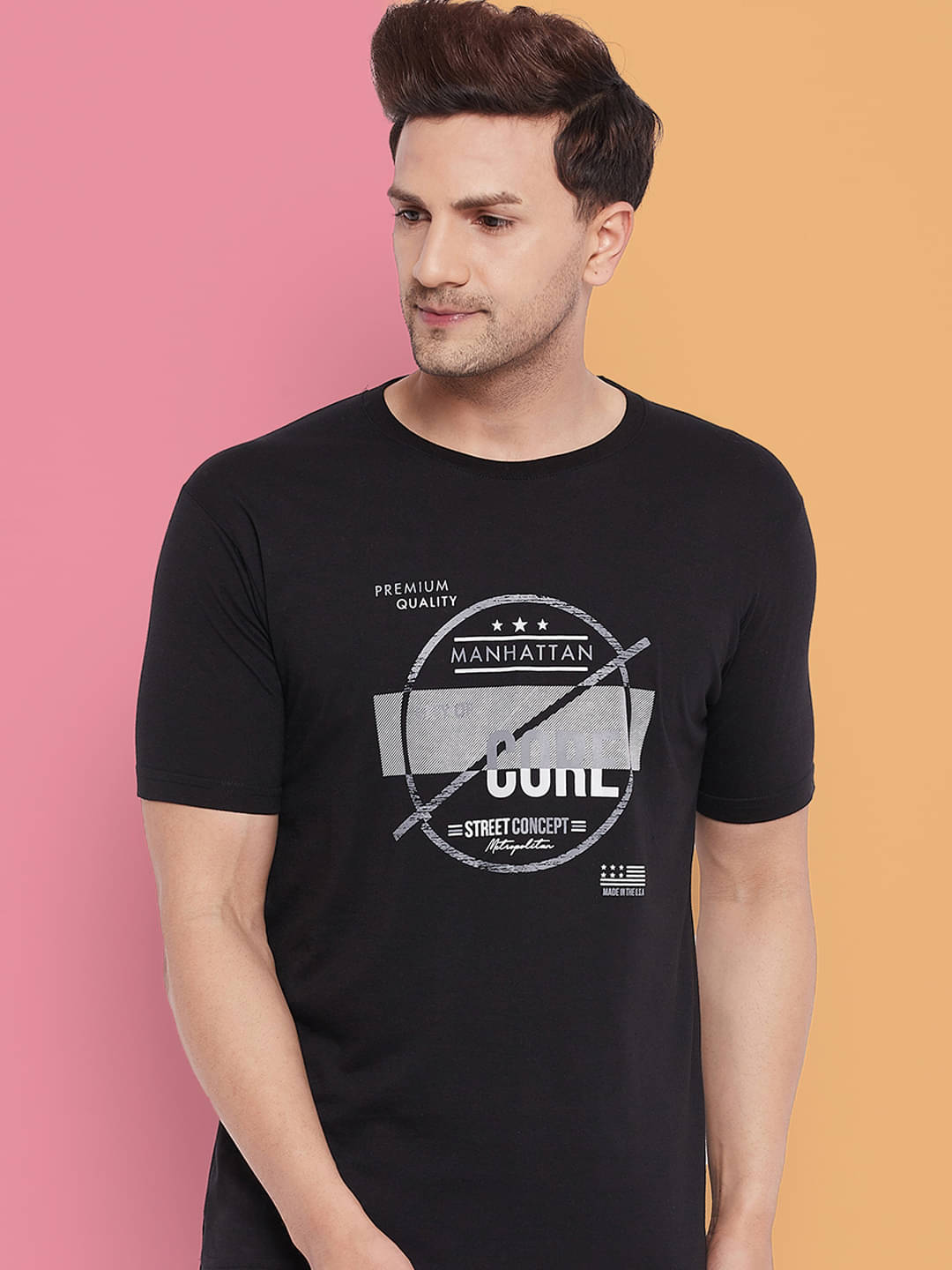     			Lycos Cotton Blend Regular Fit Printed Half Sleeves Men's Round T-Shirt - Black ( Pack of 1 )