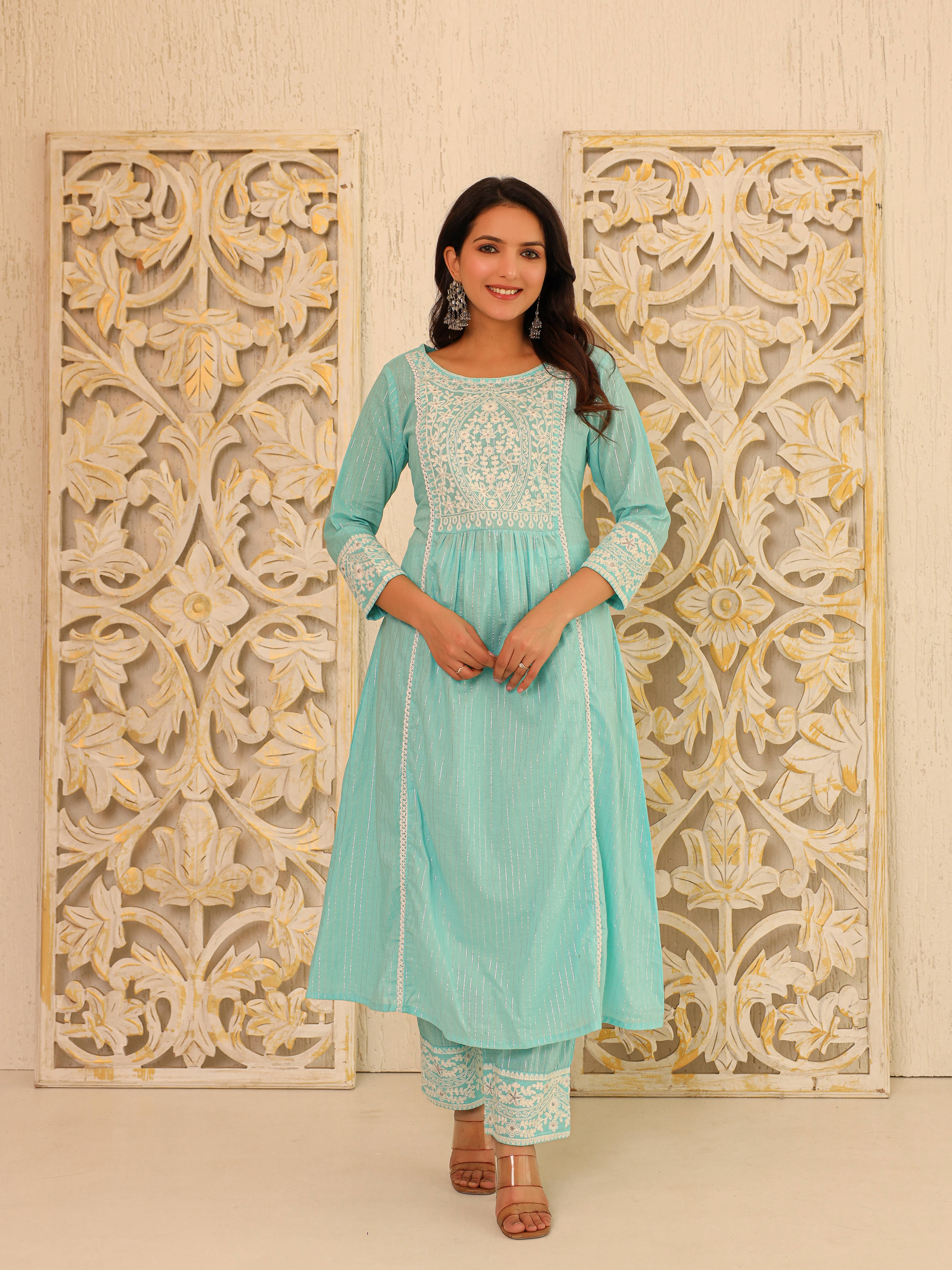     			STYLLOW Cotton Embroidered Kurti With Pants Women's Stitched Salwar Suit - Blue ( Pack of 1 )