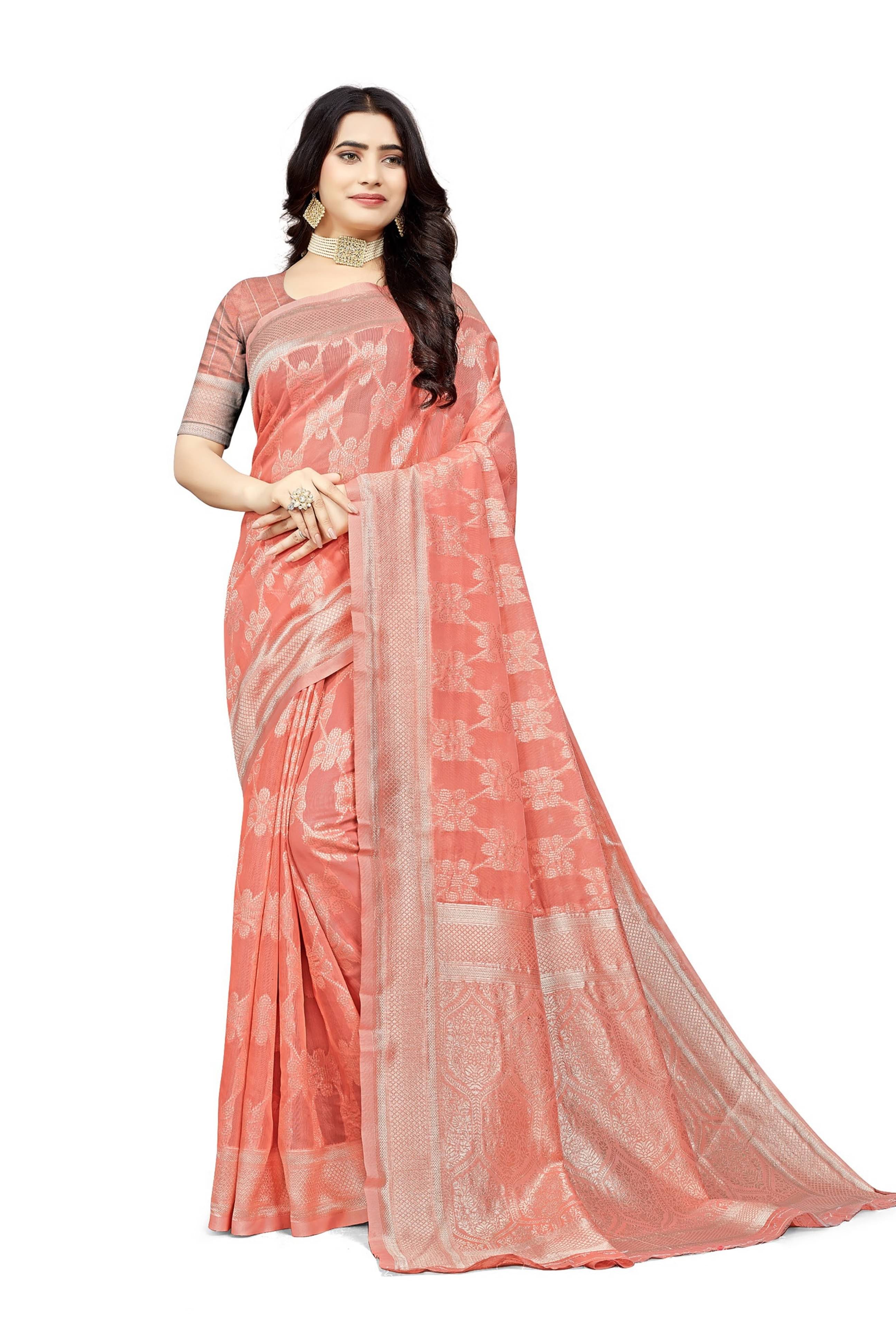     			Saadhvi Cotton Embellished Saree With Unstitched Blouse Piece ( Peach )