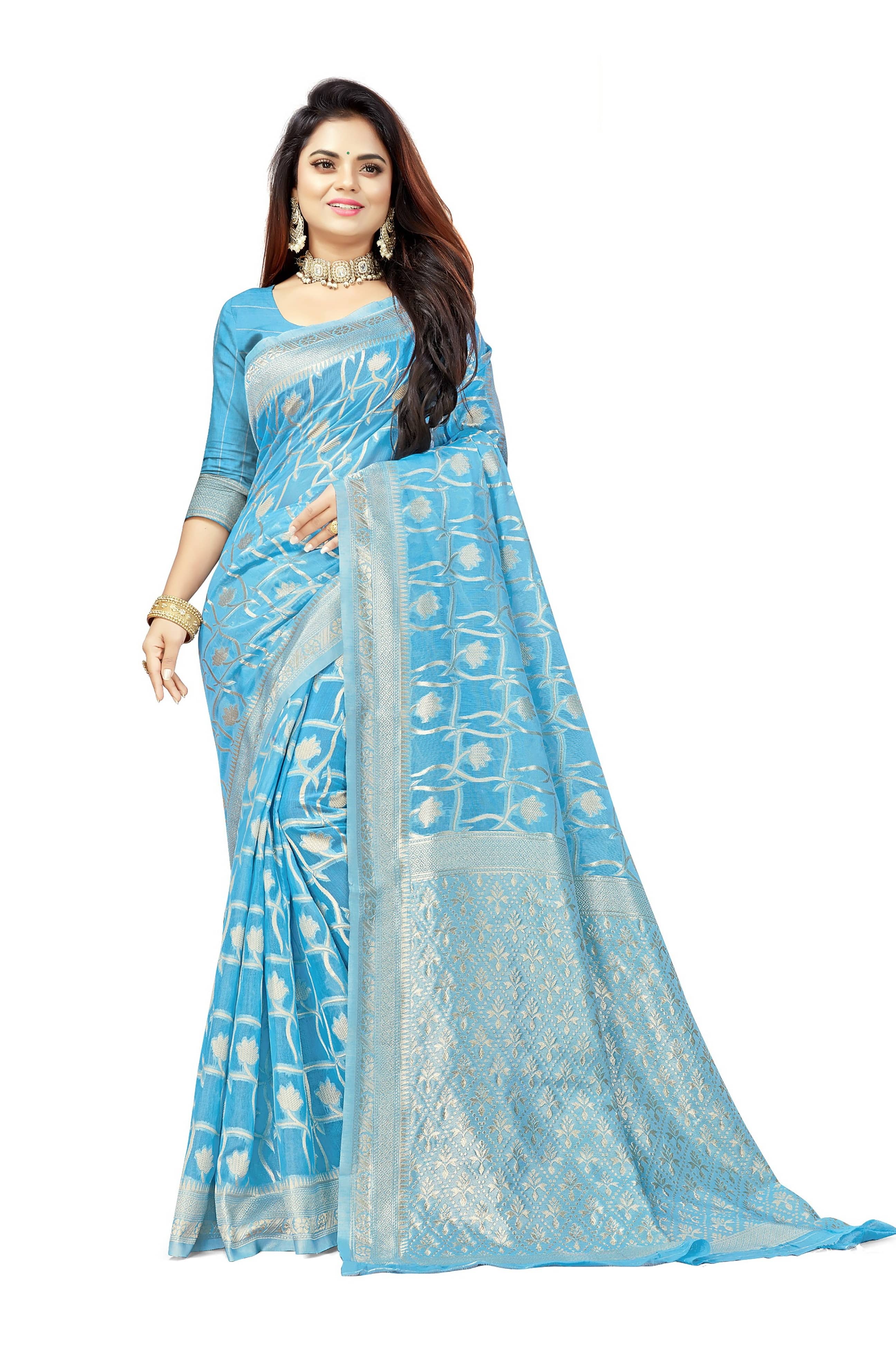 Saadhvi Cotton Woven Saree With Unstitched Blouse Piece ( Rama ) - Sarees | Buy online on ZillyBuy