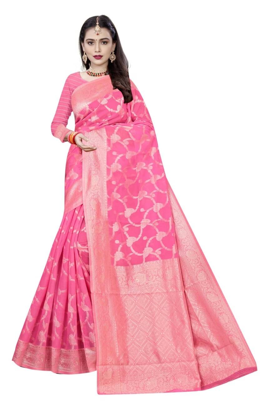 Saadhvi Cotton Woven Saree With Unstitched Blouse Piece ( Pink )     			Saadhvi Cotton Woven Saree With Unstitched Blouse Piece ( Pink )